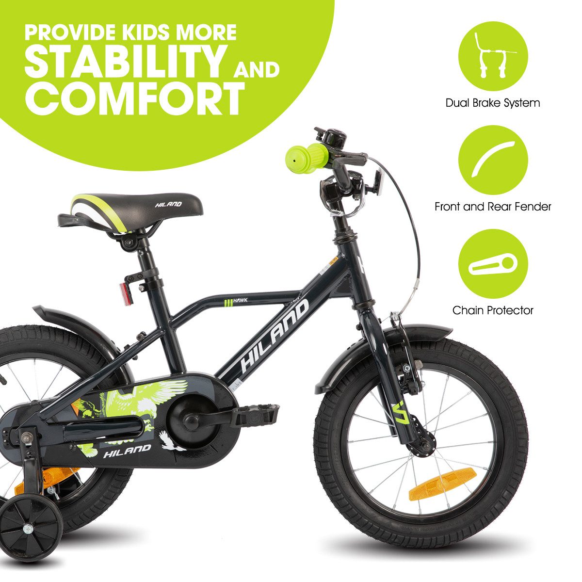 HILAND Kinderfahrrad Hawk 12 14 16 20 Zoll Kinderfahrrad für Jungen 3-10 Jahre, mit Stützrädern, V Bremseund Rücktrittbremse, Hilfsrad, Kotflügel