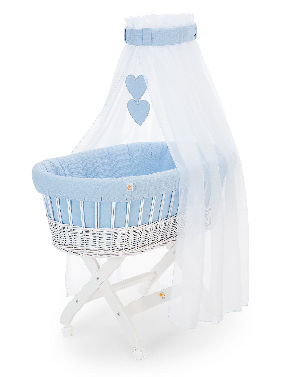 FabiMax Stubenwagen weiß lackiert, Komplettset, Musselin & Waffelpiqué, Inkl. Matratze, Nestchen & Schlafsack