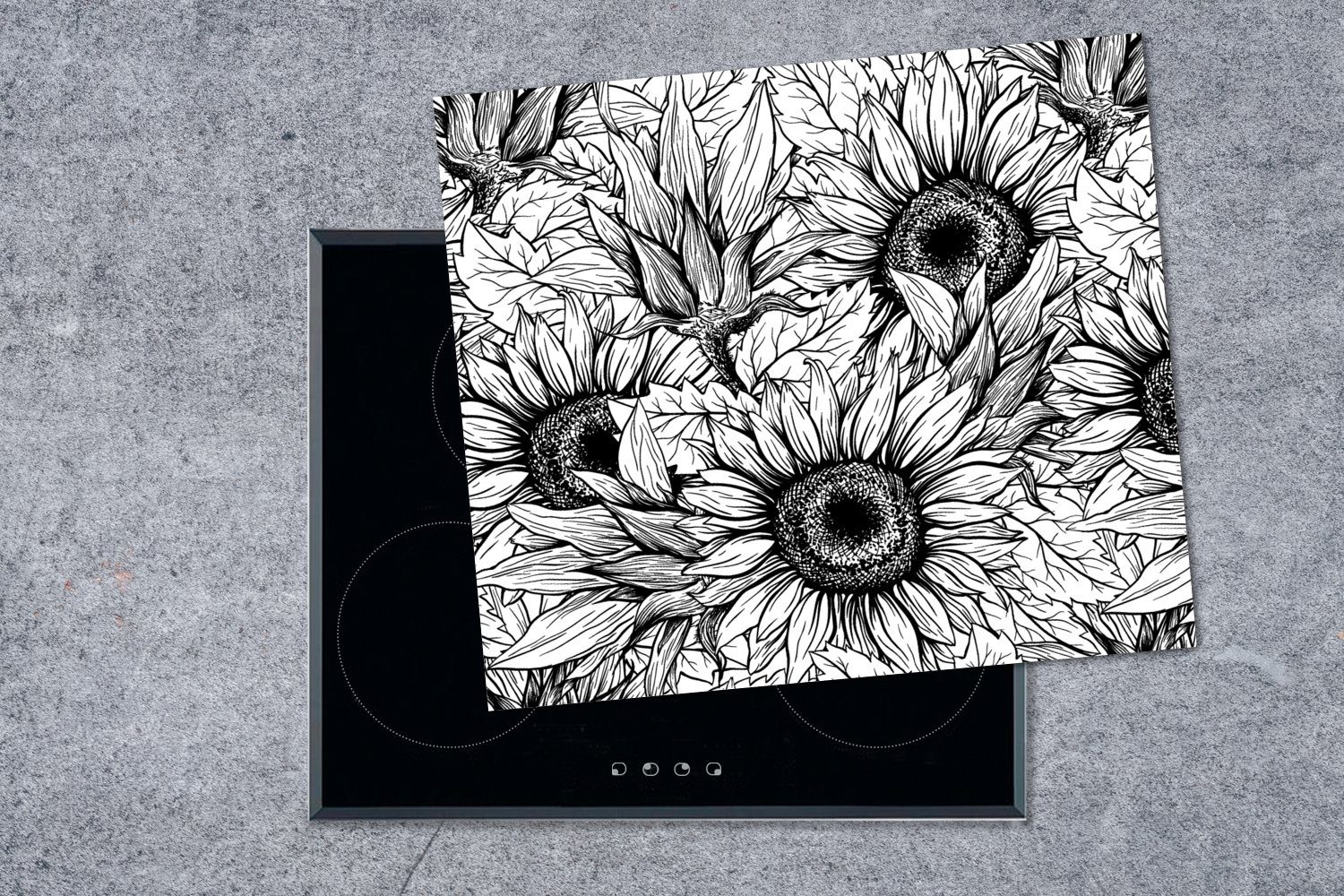 MuchoWow Herdblende-/Abdeckplatte (1 Ceranfeldabdeckung Mobile Vinyl, Sonnenblume Muster, Arbeitsfläche nutzbar, tlg), - - Blumen cm, 60x52