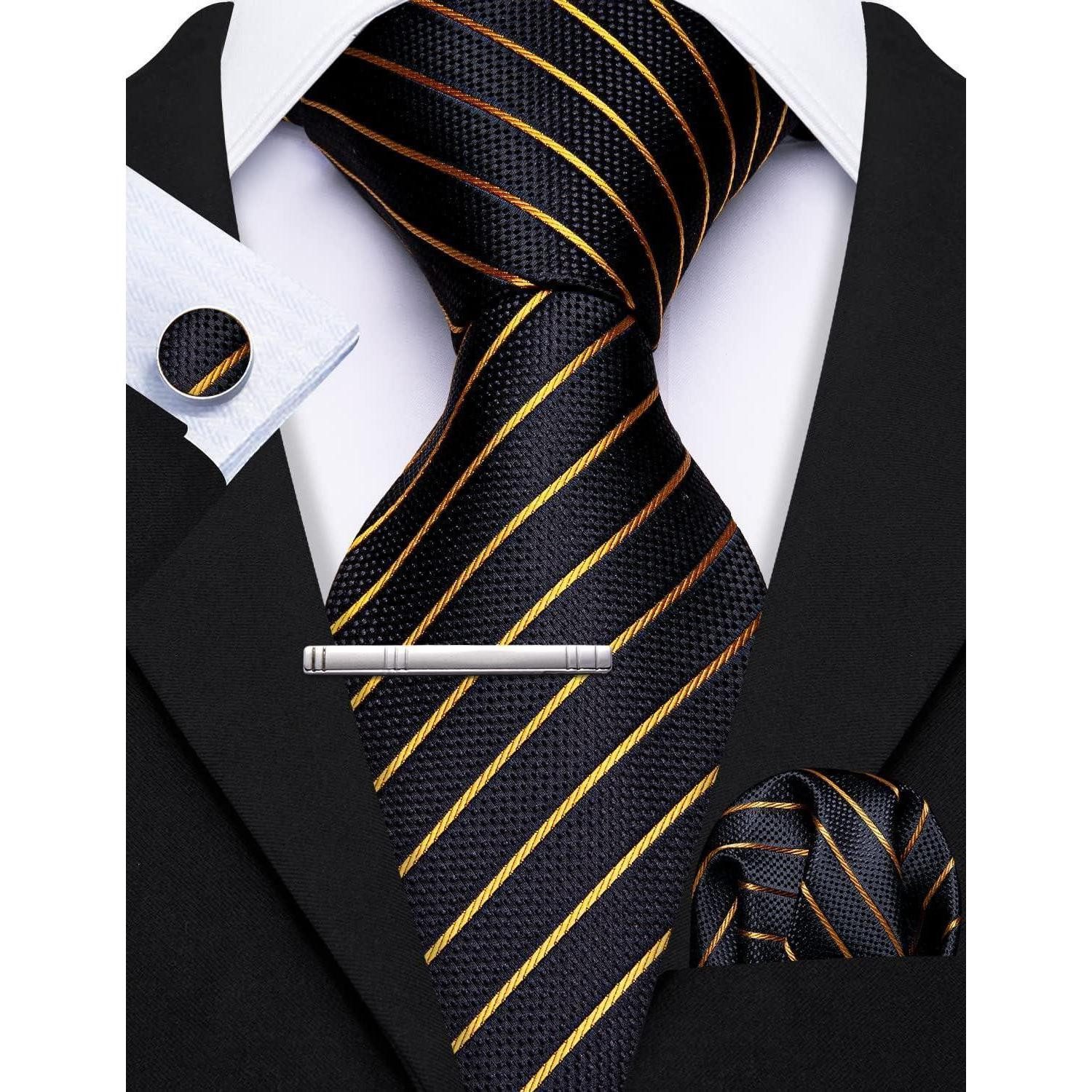 LuxusKollektion Krawatte Krawattenset Herren Seide Taschentuch Streifen Karo Schwarzes Gold