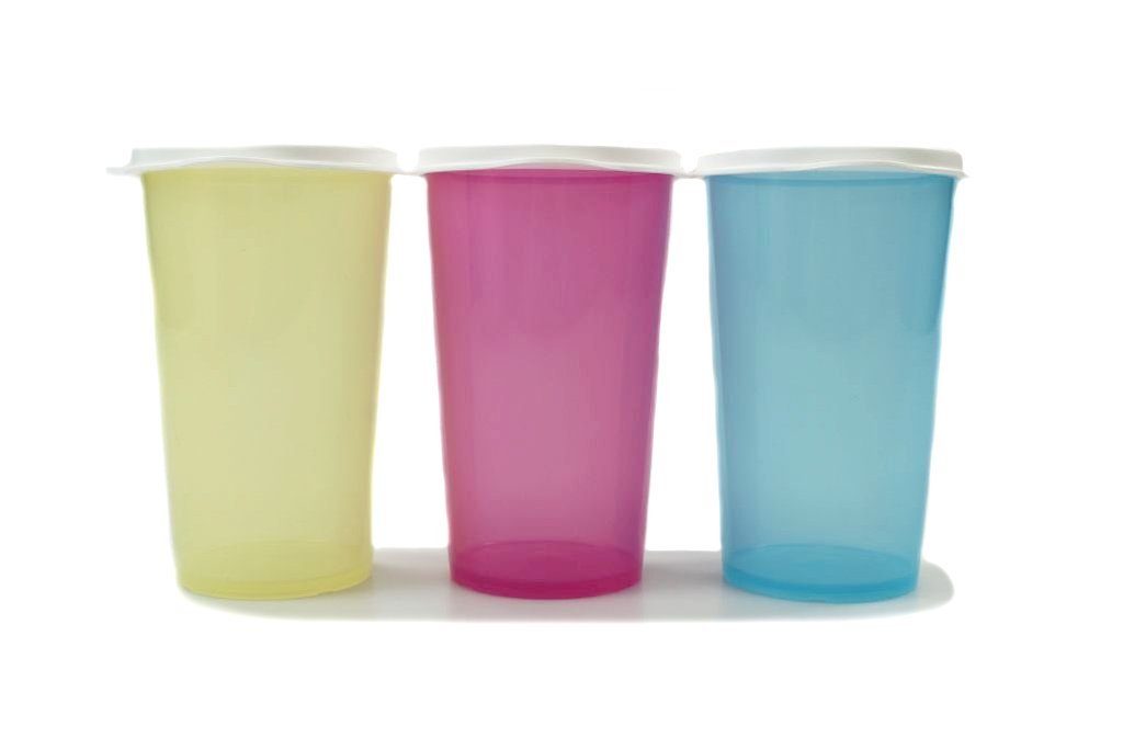 Tupperware Trinkflasche Eco 330 ml gelb + rosa + blau Becher + SPÜLTUCH