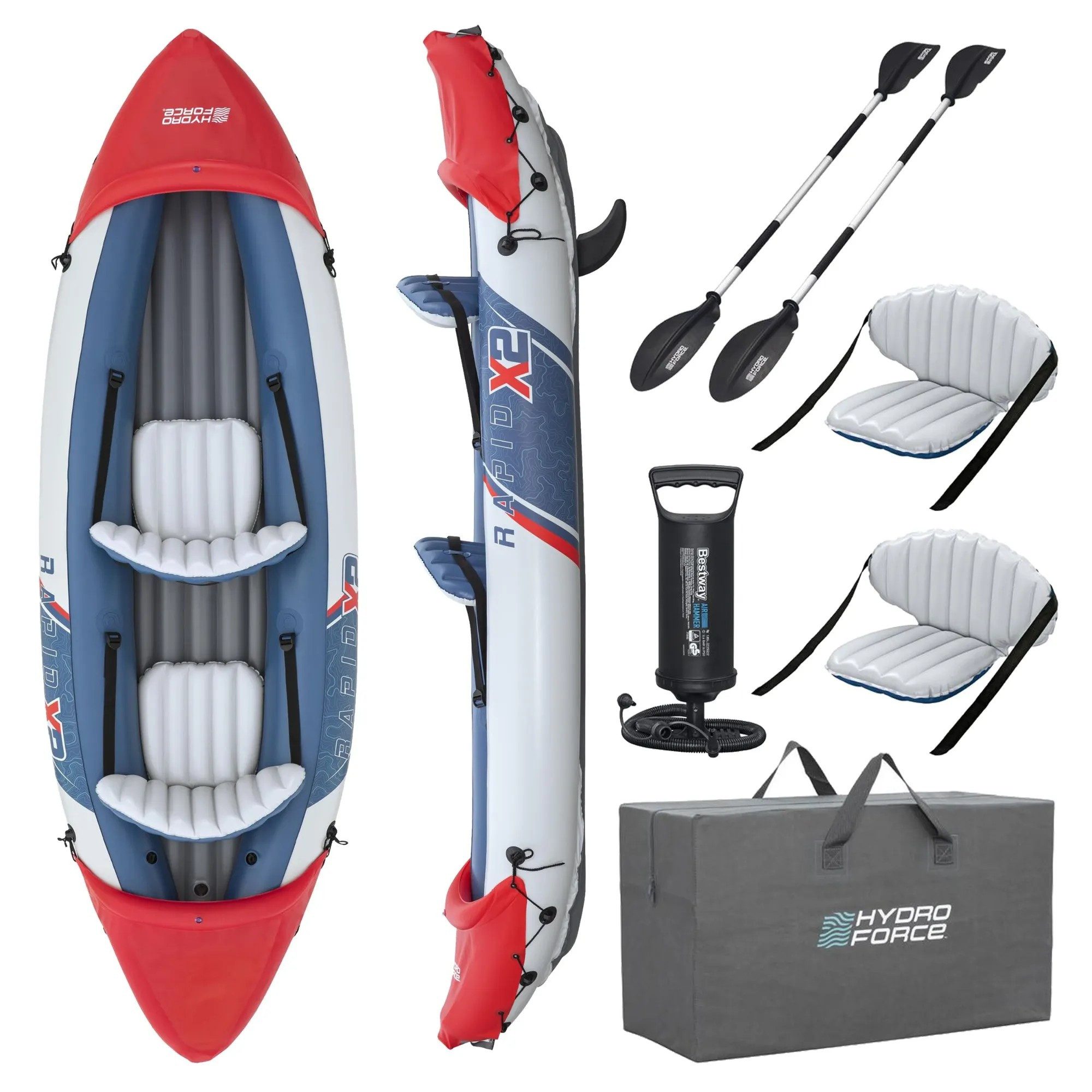 BESTWAY Schlauchboot Kajak Zweisitzer, (Spar-Set, 1-St., 321x88x42cm 160kg), Komplettset mit Paddeln & Pumpe, 160kg Tragkraft
