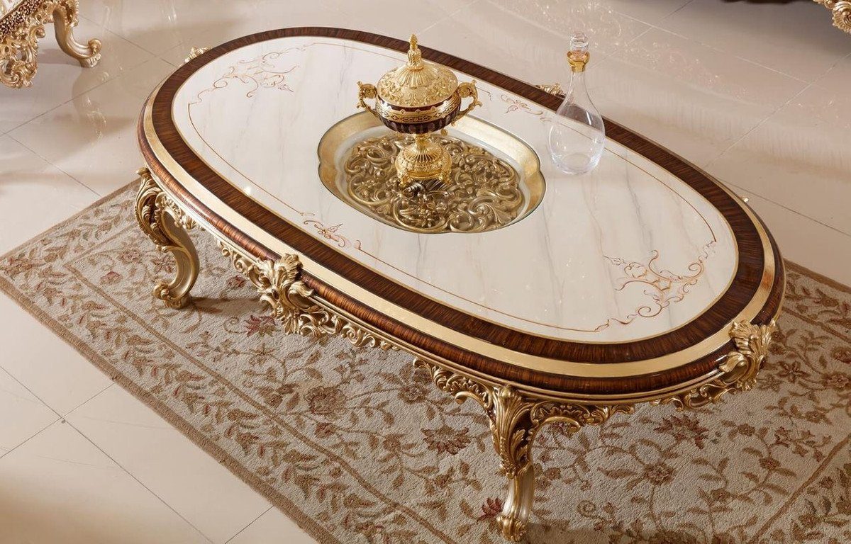 Wohnzimmertisch Barock Edel Weiß & Luxus Casa Möbel Prunkvoller Couchtisch - mit - Braun Gold Prunkvoll / Barock - Couchtisch / Glasplatte Padrino