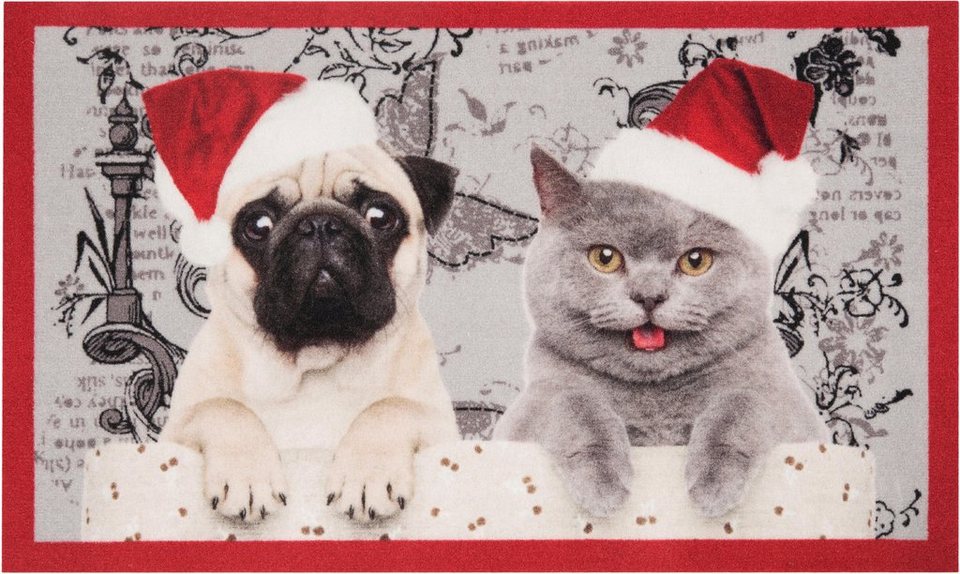Fußmatte Christmas Cat Dog, HANSE Home, rechteckig, Höhe: 7 mm, Motiv Hund  & Katze, Pflegeleicht, Rutschfest, Weihnachten, Waschbar