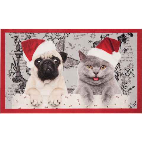 Fußmatte Christmas Cat Dog, HANSE Home, rechteckig, Höhe: 7 mm, Motiv Hund & Katze, Pflegeleicht, Rutschfest, Weihnachten, Waschbar