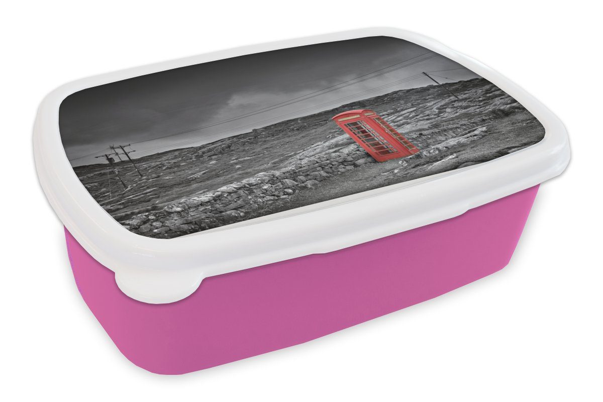 Schwarz-Weiß-Foto Snackbox, Kunststoff Kinder, Kunststoff, MuchoWow Brotdose einer britischen Telefonzelle, für Brotbox (2-tlg), rosa Mädchen, Lunchbox Erwachsene,