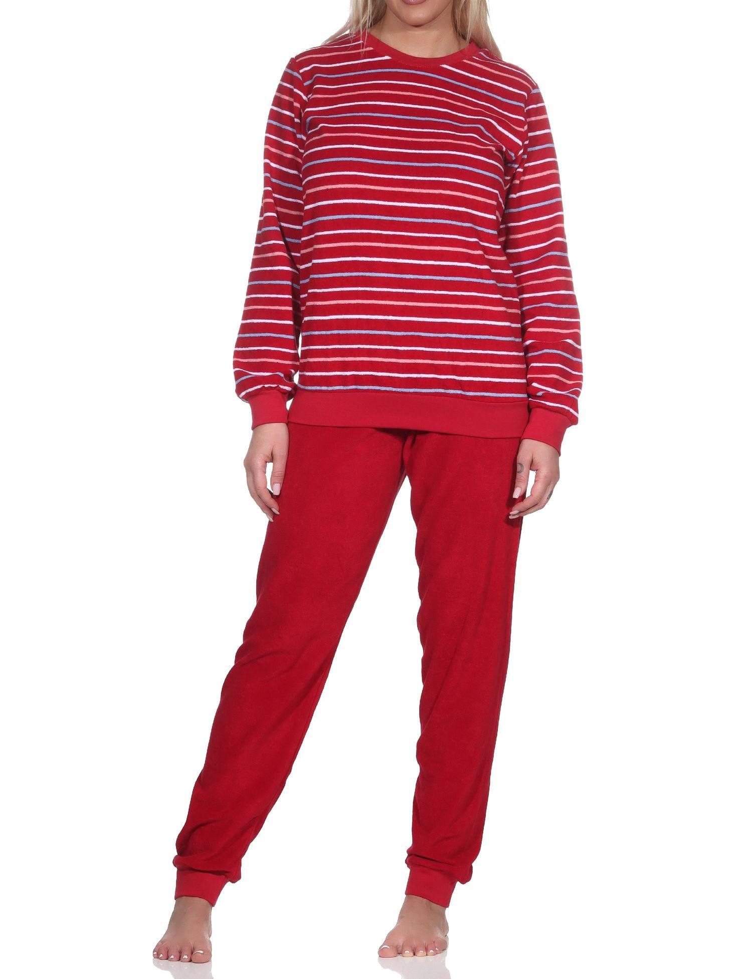 Pyjama Normann Damen langarm Frottee Schlafanzug mit Bündchen gestreift