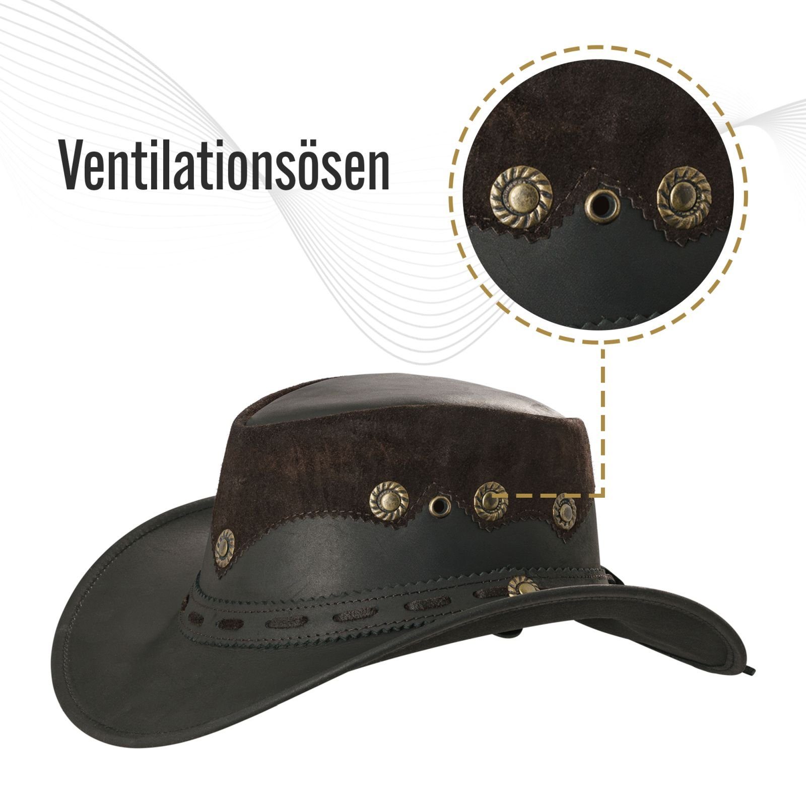 BLACK FOREST FOX Cowboyhut Country Luxus Western Cowboy Hut Reiten Leder Sonnenhut in 2 Farben Deep Brown Größe L