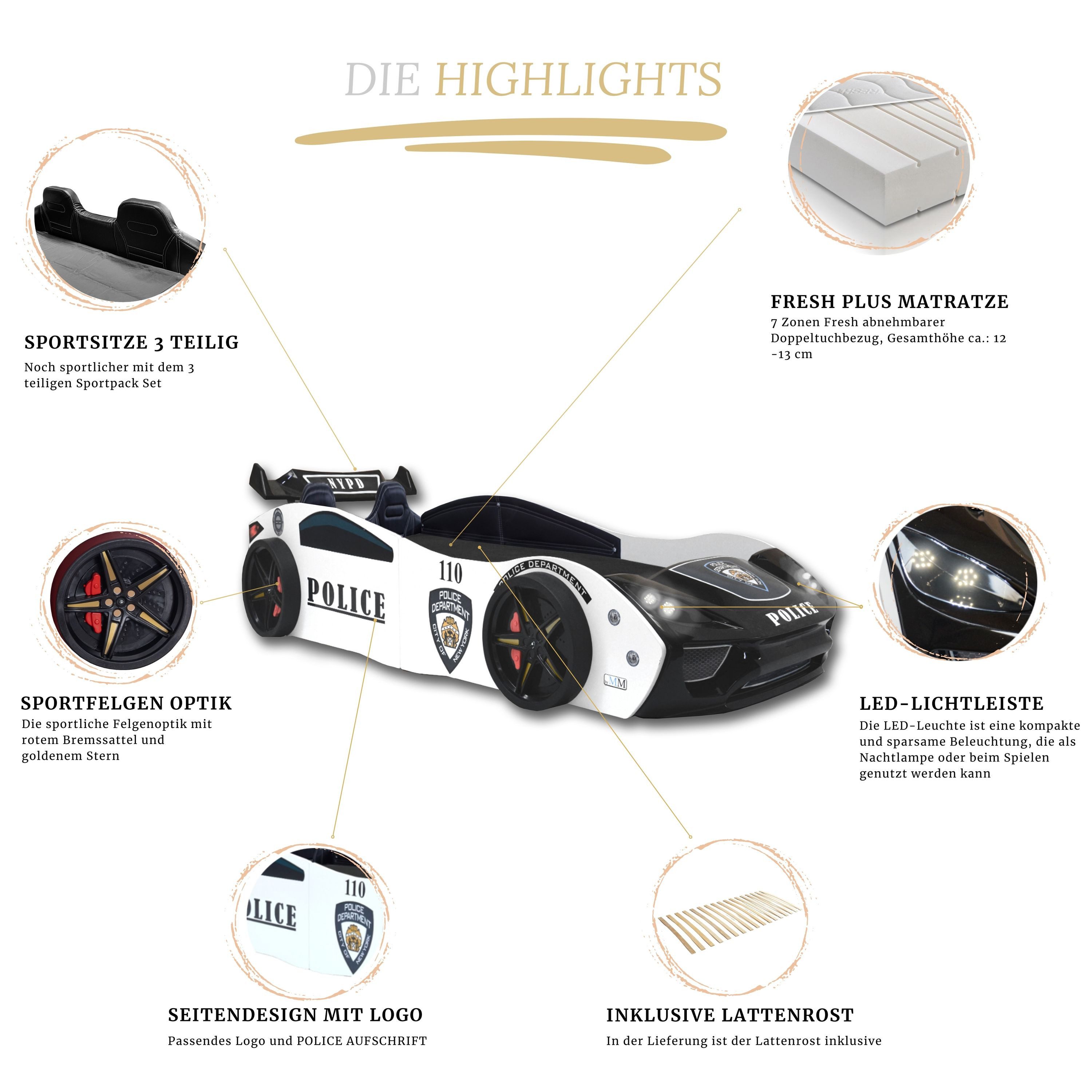 Aileenstore Autobett Police (inkl. Sportsitze, Lattenrost, Heckspoiler und LED Licht), Kinderbett 90 x 200 cm, Spielbett als Polizeiauto Rennwagenbett