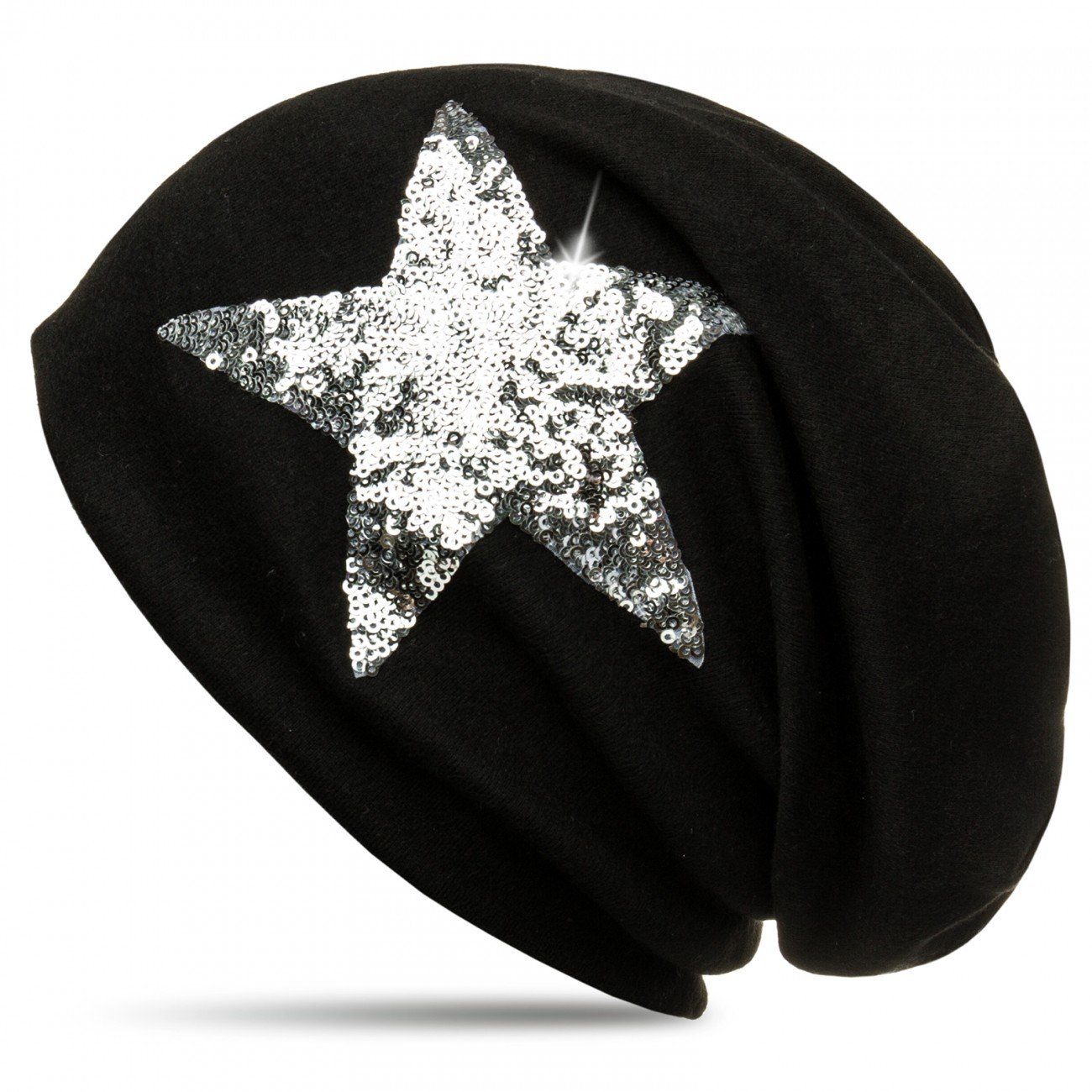Caspar Beanie MU136 Mütze mit Pailletten Stern und warmem Flanell Stoff schwarz (uni)