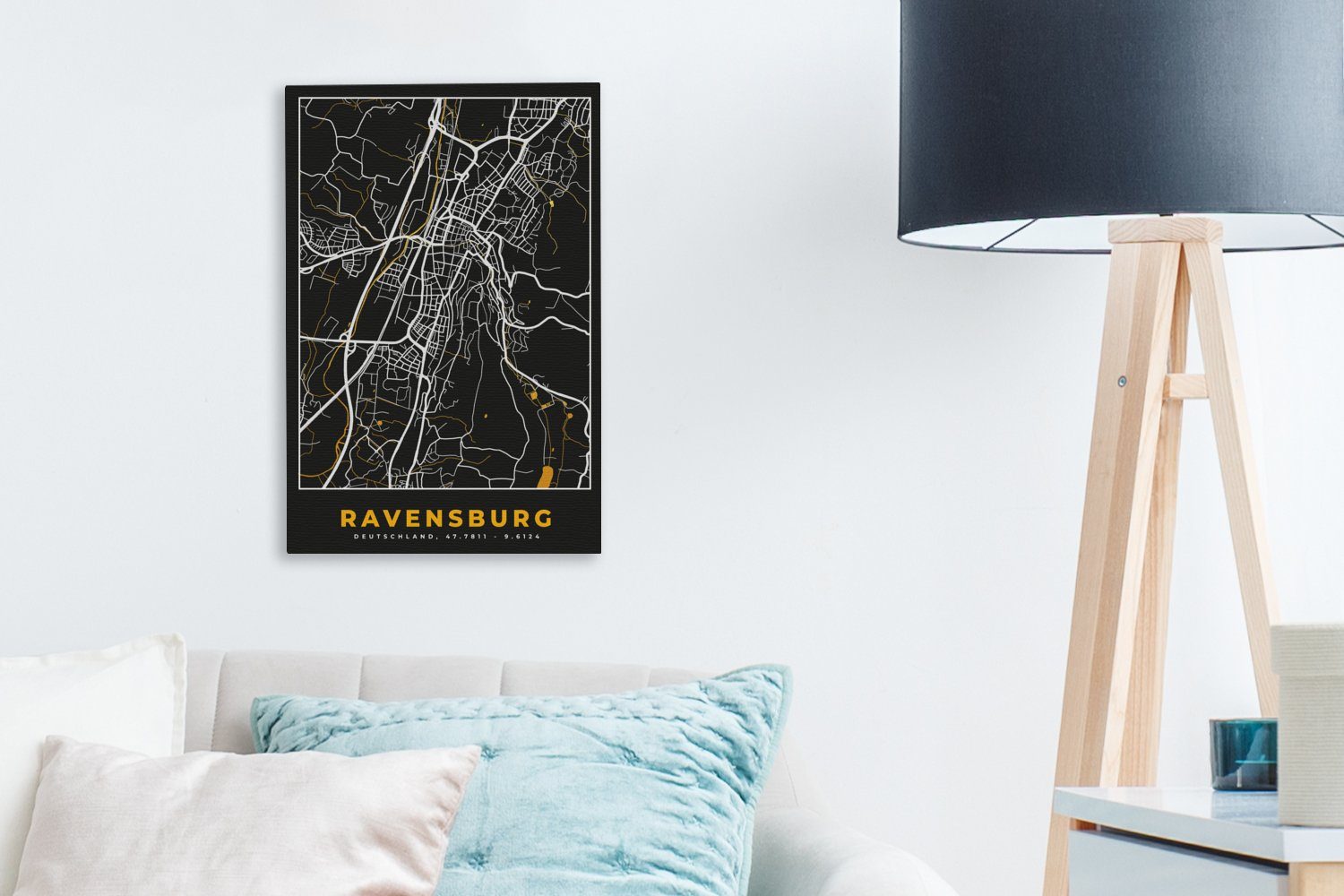 Stadtplan OneMillionCanvasses® - - fertig (1 Karte Ravensburg, inkl. bespannt - Deutschland cm Gold Gemälde, St), Zackenaufhänger, Leinwandbild 20x30 Leinwandbild -