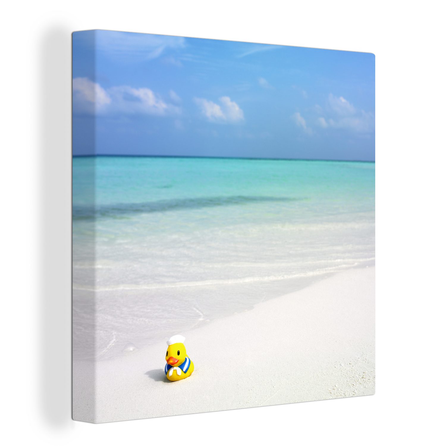 OneMillionCanvasses® Leinwandbild Gummi-Ente - Sand - Strand, (1 St), Leinwand Bilder für Wohnzimmer Schlafzimmer