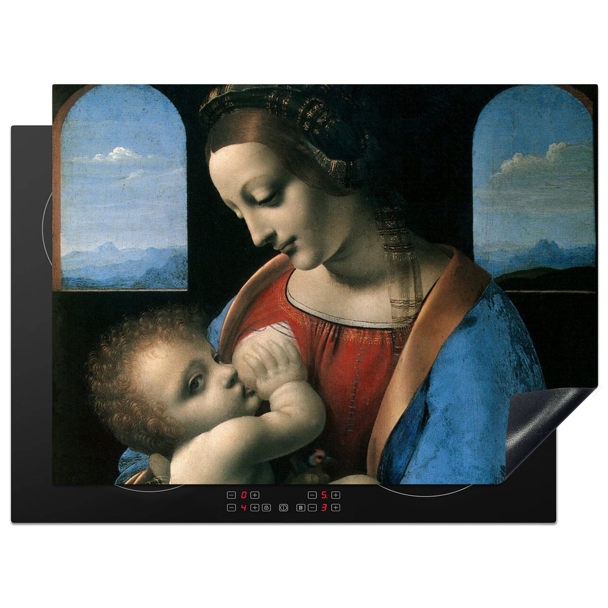MuchoWow Herdblende-/Abdeckplatte Die Jungfrau Maria - Leonardo da Vinci, Vinyl, (1 tlg), 70x52 cm, Mobile Arbeitsfläche nutzbar, Ceranfeldabdeckung