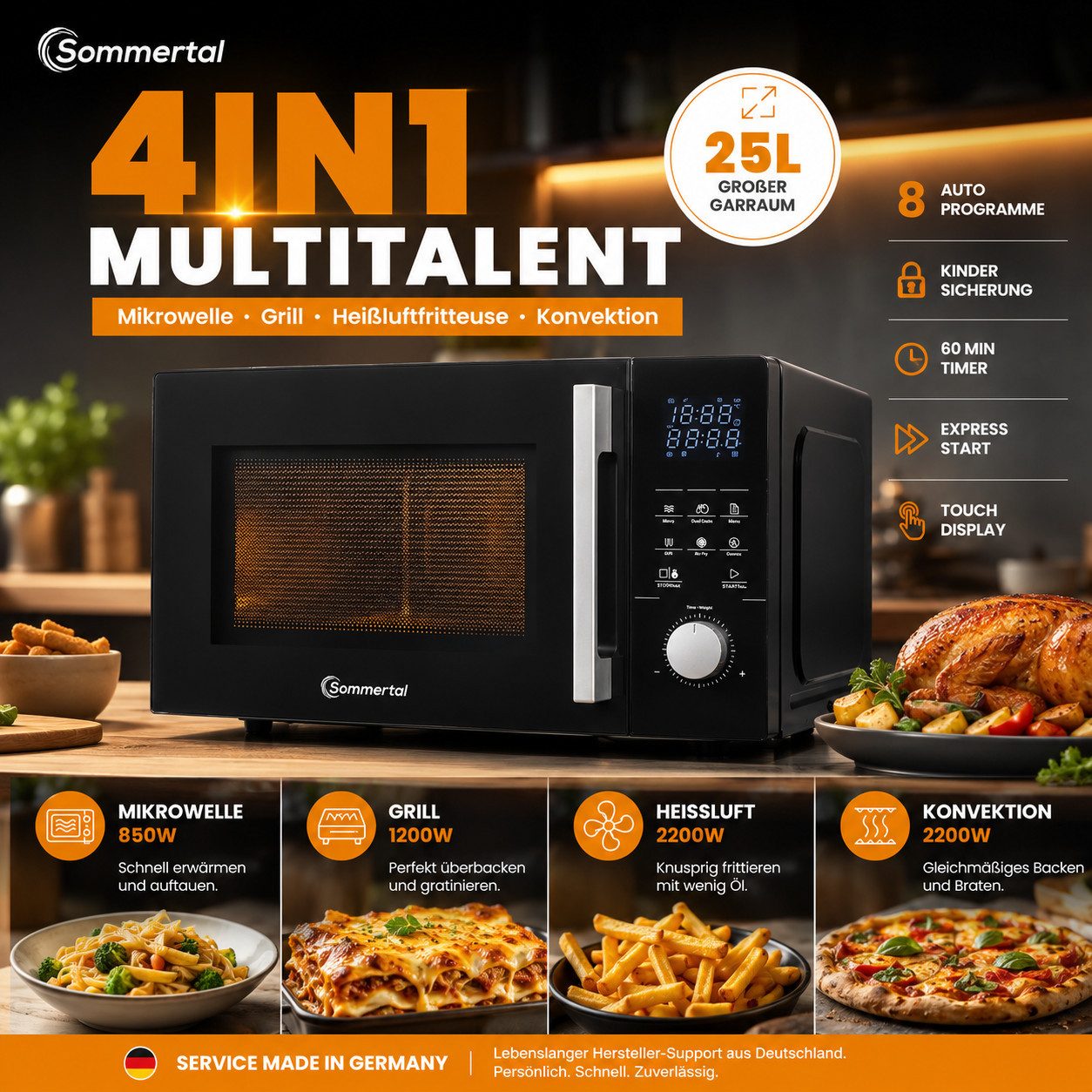 Sommertal Mikrowelle, Netzbetrieb, 25 l, 60 Min Timer, Kindersicherung, Express-Start, Rost, Crisp-Pfanne
