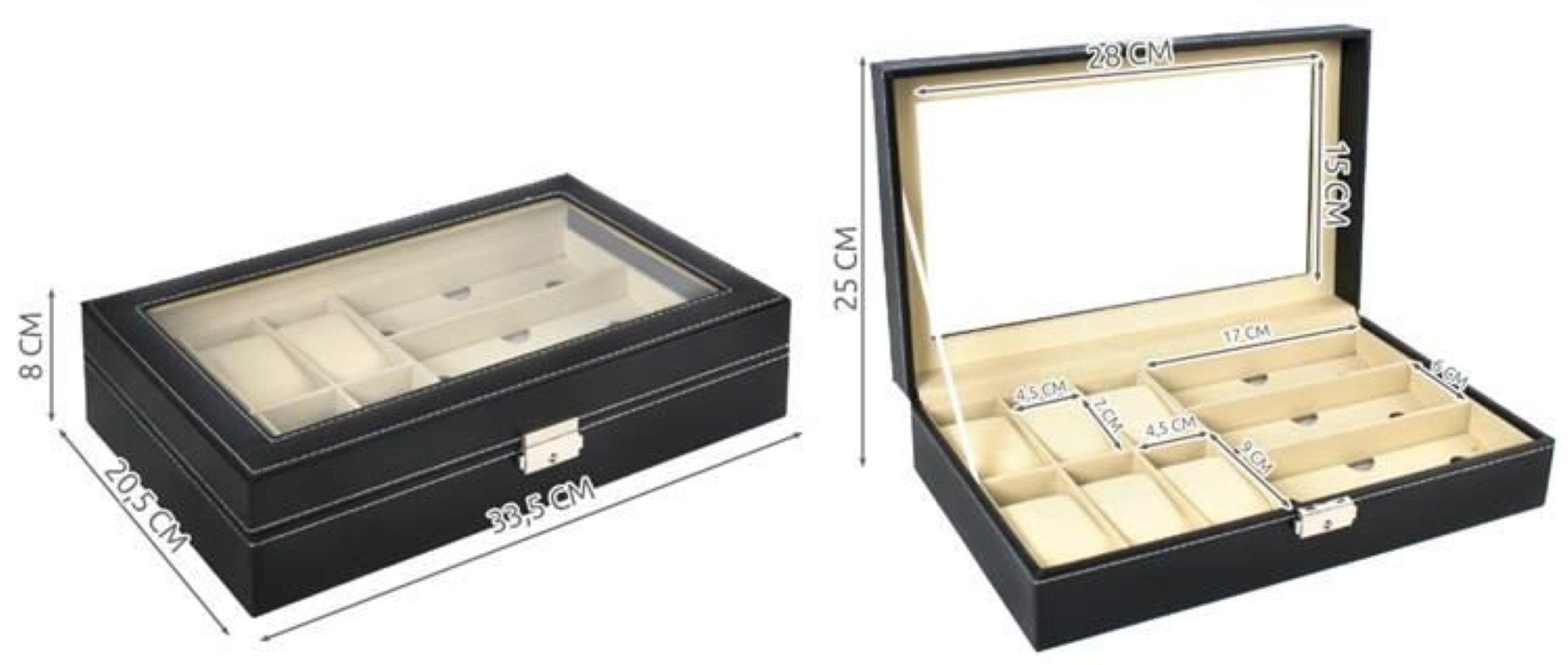 MALATEC Schmuckkasten Schwarzer Uhren-Brillen-Organizer Box: Stilvolle Aufbewahrungslösung (Organizer-Set mit Schlüssel, Uhren-& Brillenorganizer mit Schlüssel), Organizer mit sicherem Verschluss und weicher Innenpolsterung