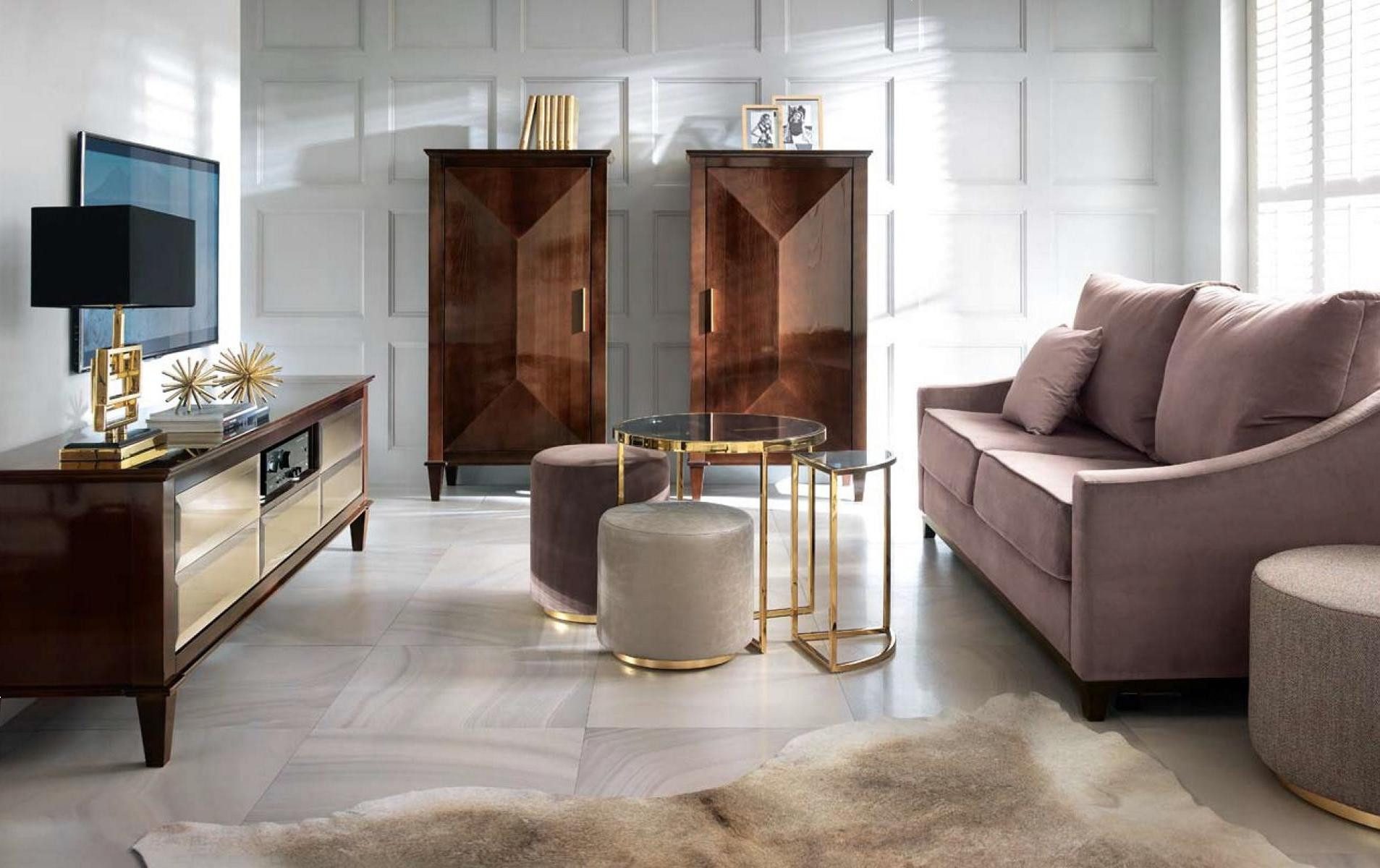 Xlmoebel Polstergarnitur Luxus-Wohnzimmermöbel in edlem Holzdesign mit Sofa und Hocker, (Wohnzimmermöbel, 7-tlg., Set 7tlg Wohnzimmer (Sofa + 3xHocker + 2xSchrank + RTV), Hergestellt in Europa