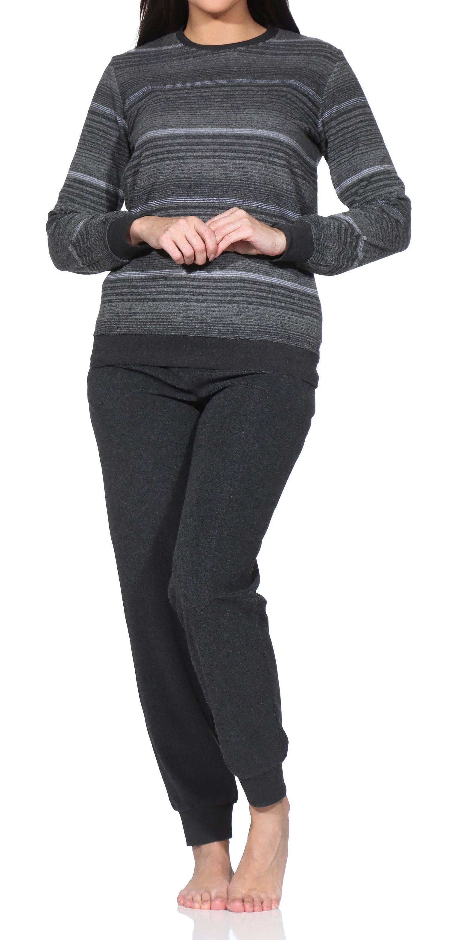 Normann Pyjama Damen Frottee Schlafanzug mit Bündchen in elegantem Streifendesign – Bild 2 von 4