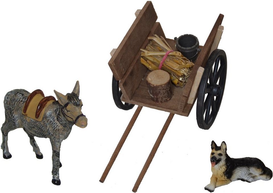 Alfred Kolbe Krippen-Zubehör Weihnachtsdeko (Set, 3tlg), Eselwagen mit Esel  und Hund