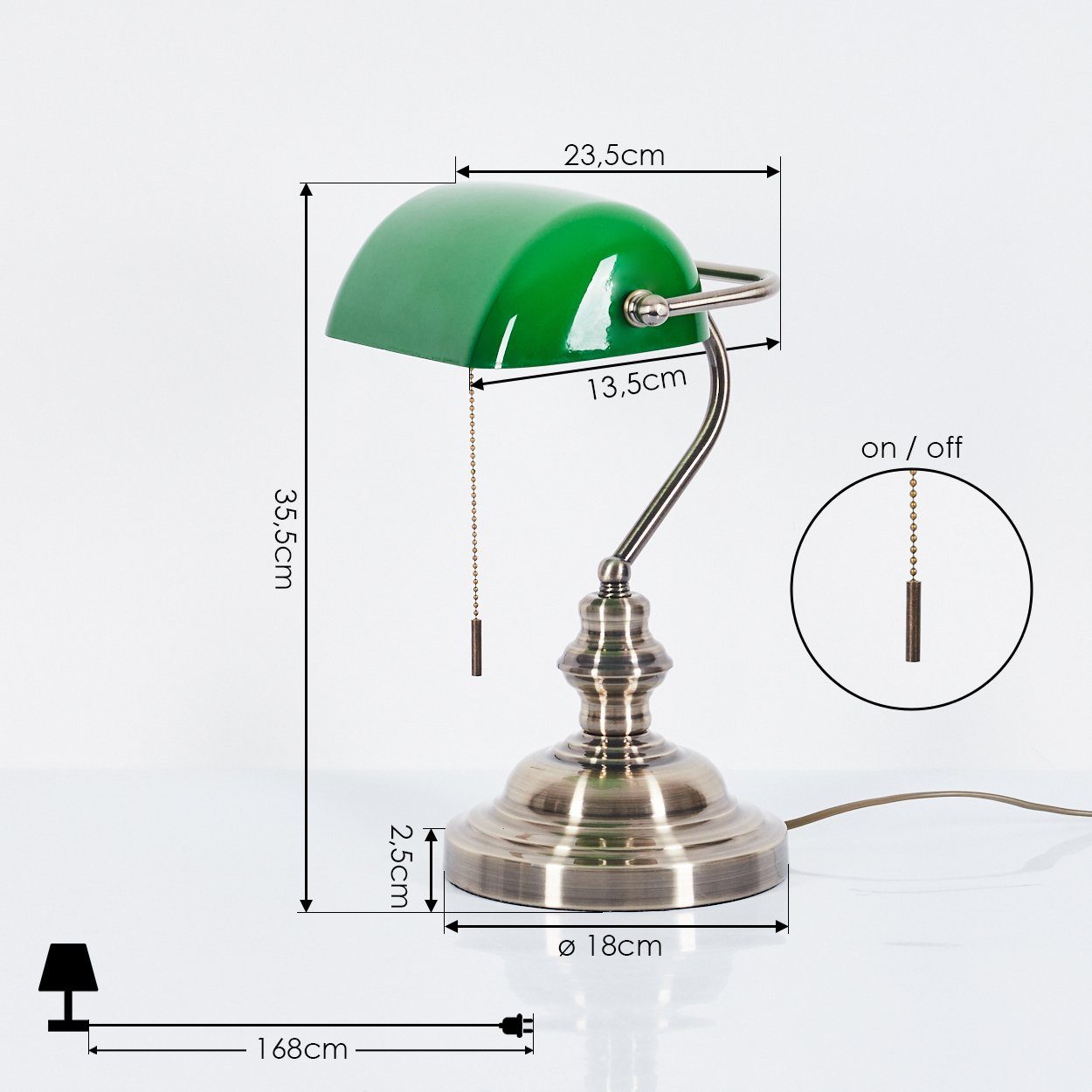 Leuchtmittel, Glasschirm 1-flammige Metall »Mezzovilla« E27 Grün, mit Tischlampe mit aus Tischleuchte hofstein Zugschalter, in Altmessing, in ohne