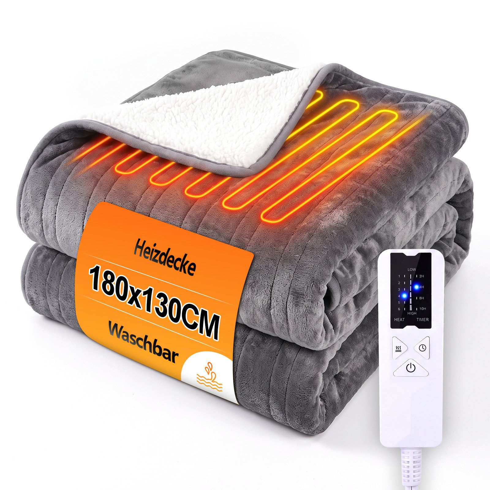 ZMH Heizdecke Erhältlich in Schwarz/Dunkelgrau/Hellgrau, 6 Heizstufen, Fernbedienung, 180×130 cm,10-Stunden-Timer, maschinenwaschbar,2.2m Kabel