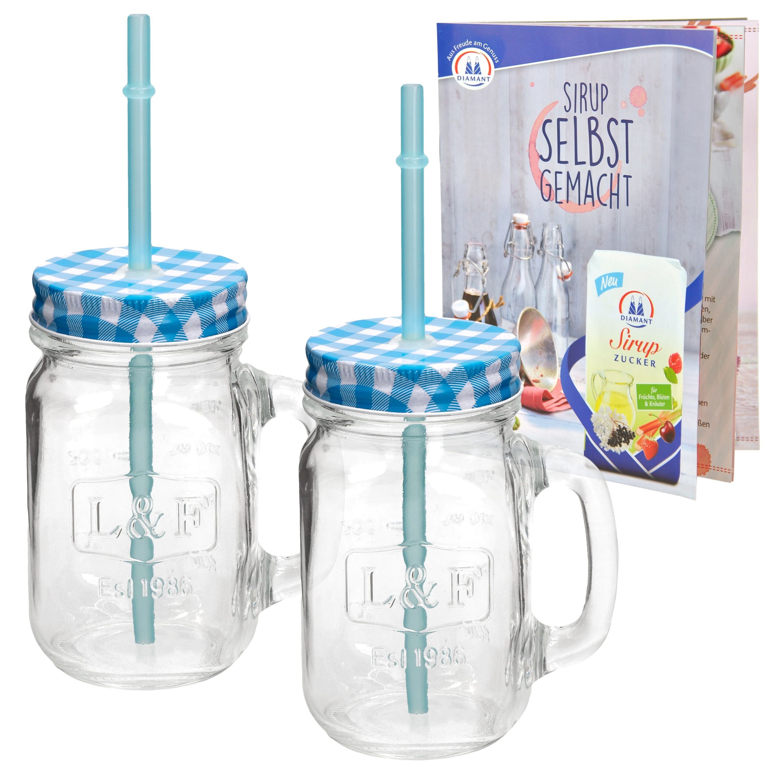 HIT Trading Glas 2er Set Glasbecher 0,5L mit Henkel, Deckel und Trinkhalm blau kariert, Glas | Gläser
