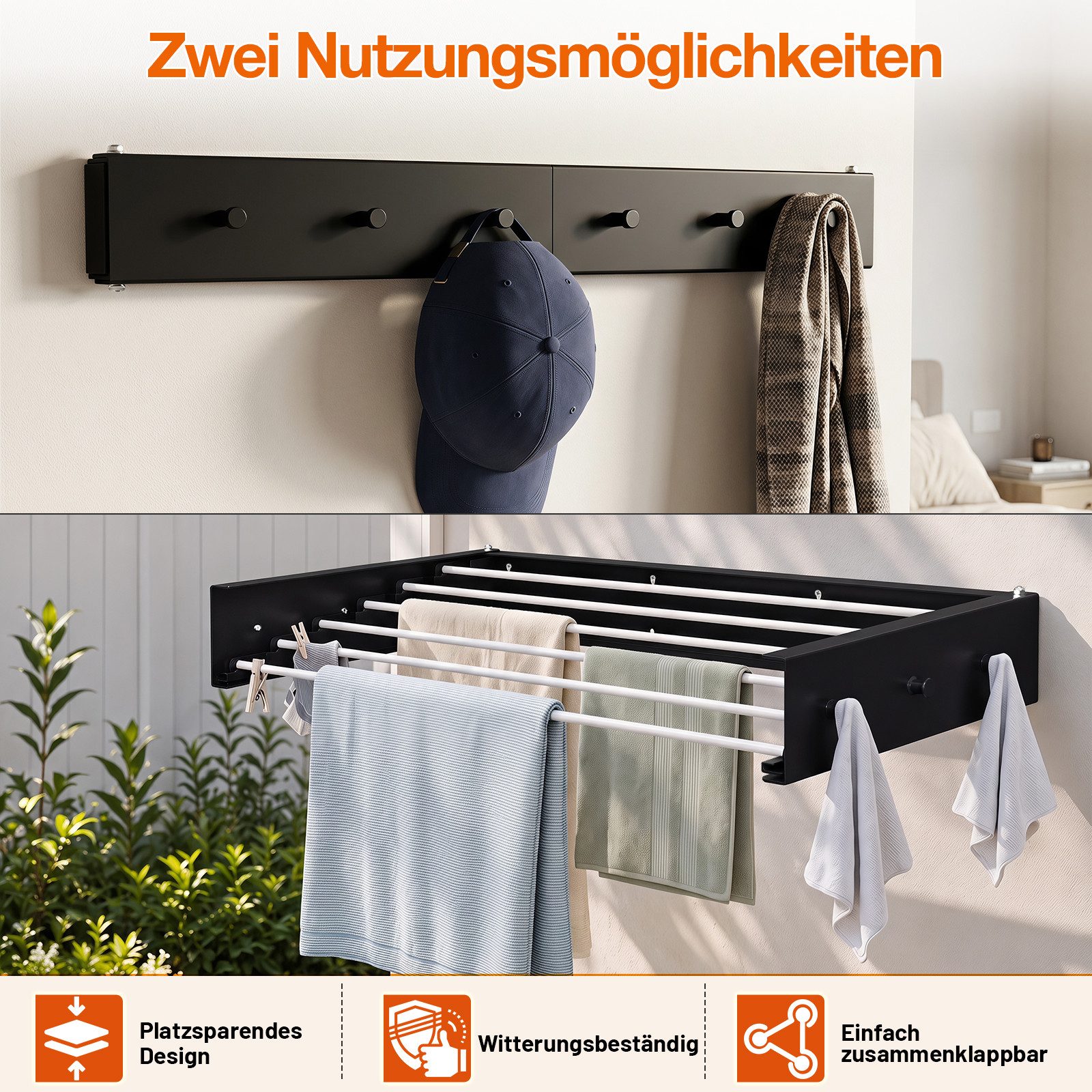 Clanmacy Wandwäschetrockner 100 cm Klappbarer Wäscheständer, Wandtrockner Schwarz mit 6 Stangen – Bild 4 von 5