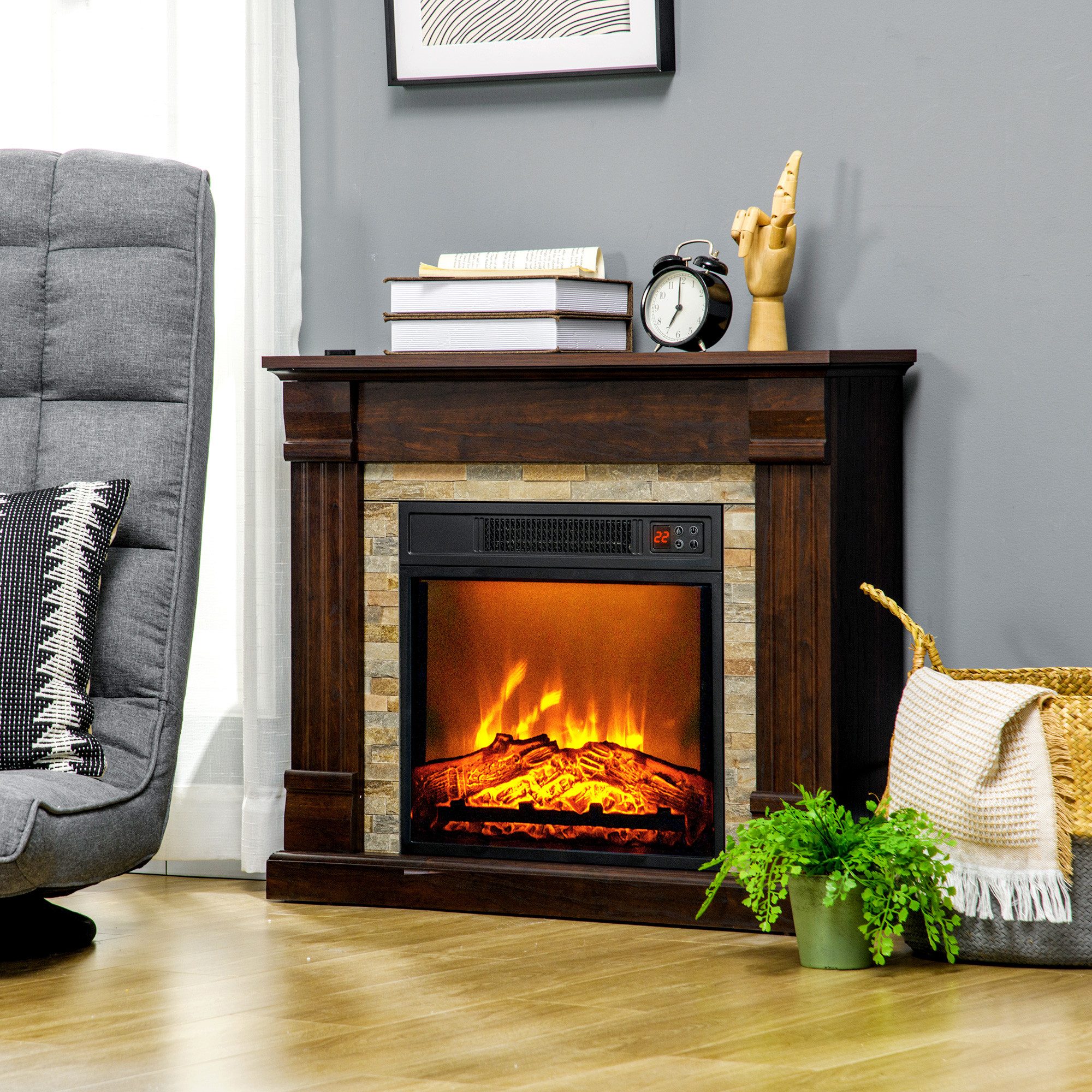 HOMCOM Elektrokamin Helligkeit und Temperatur einstellbar, 3D-Flammeneffekt, Fernbedienung, Timer