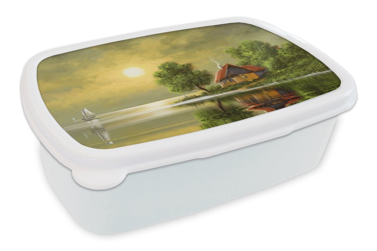 MuchoWow Lunchbox Gemälde - Ölfarbe - Haus - Natur - Wasser, Kunststoff, (2-tlg), Brotbox für Kinder und Erwachsene, Brotdose, für Jungs und Mädchen weiß