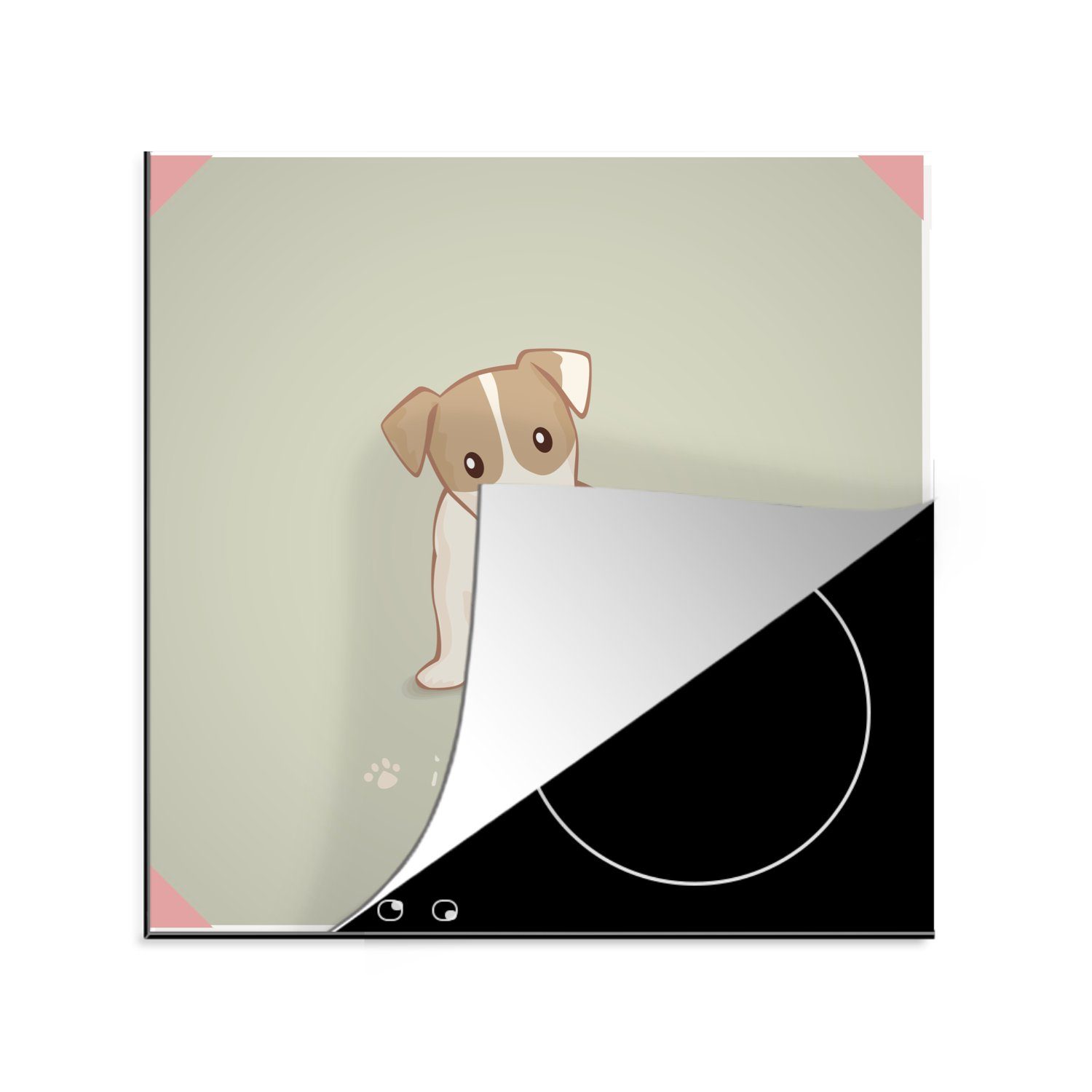MuchoWow Herdblende-/Abdeckplatte Eine Illustration eines weißen und braunen Welpen mit einem Herz, Vinyl, (1 tlg), 78x78 cm, Ceranfeldabdeckung, Arbeitsplatte für küche
