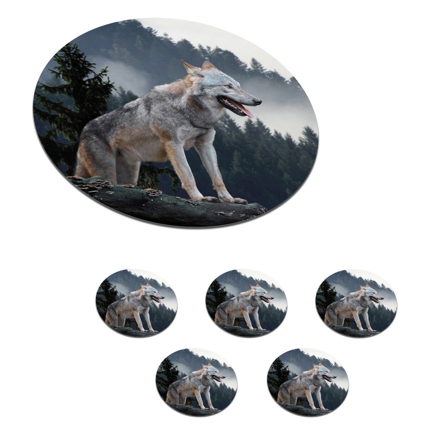 MuchoWow Glasuntersetzer Wolf - Tier - Wald, Zubehör für Gläser, 6-tlg., Getränkeuntersetzer, Tassenuntersetzer, Korkuntersetzer, Tasse, Becher