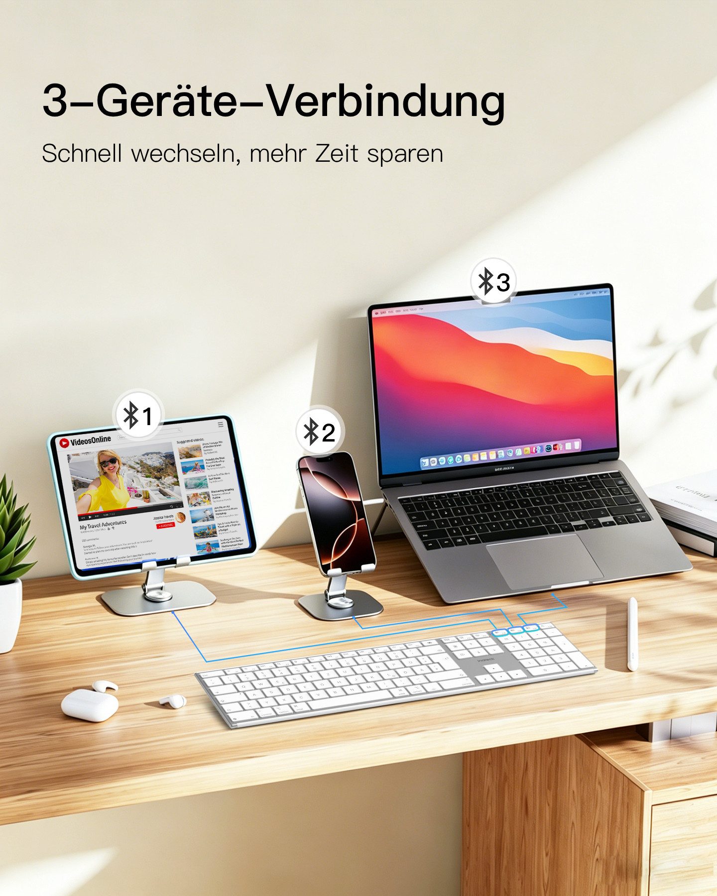 Inateck Bluetooth Mac Tastatur Kabellose mit 3 BT Kanälen,Leise Tasten Wireless-Tastatur (Kompatibel mit MacBook Pro/Air, iMac, iMac Pro, Mac mini,iPad)