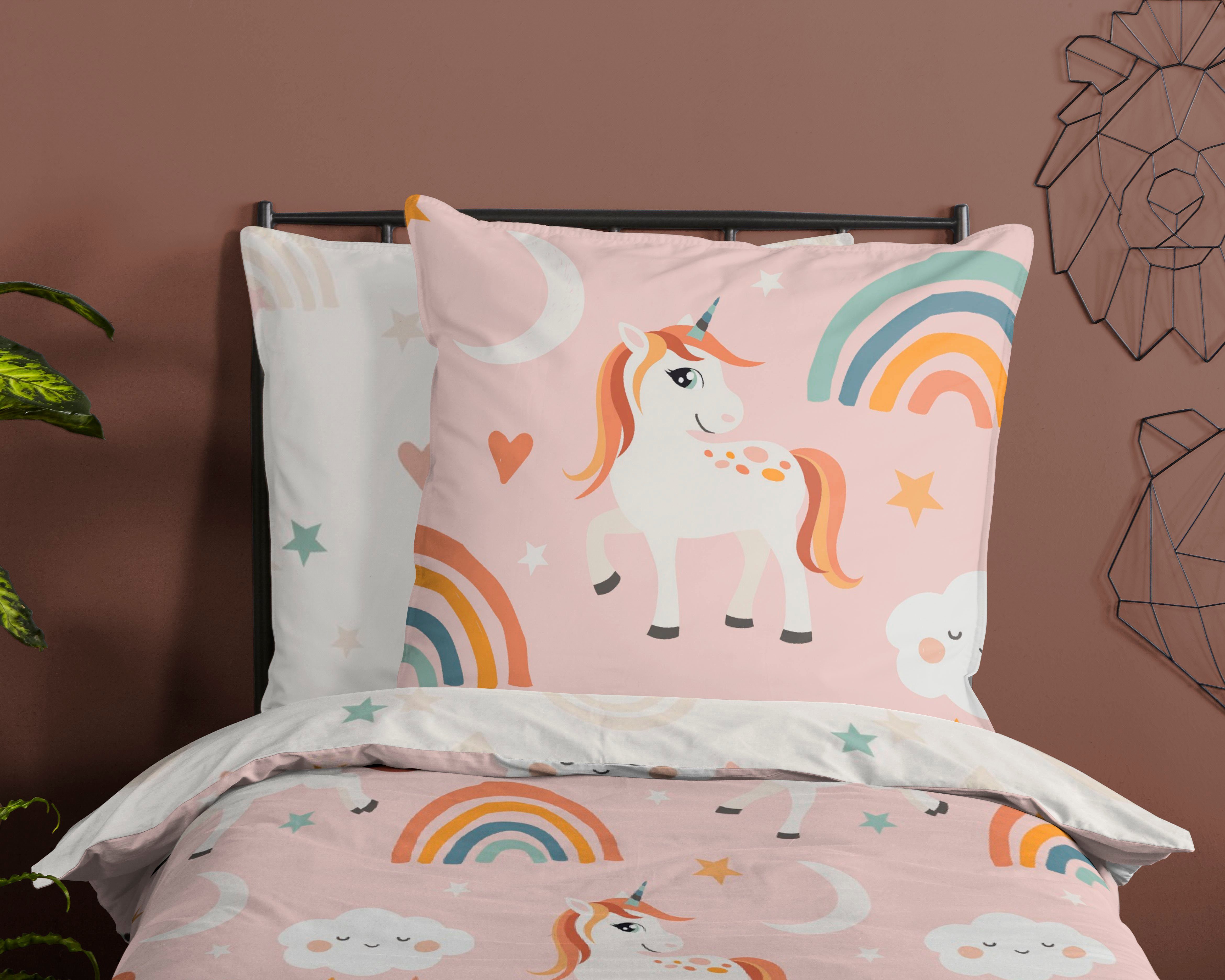 PURE luxury collection Kinderbettwäsche Aina, Microfaser, 2 teilig, 135x200, Pflegeleicht, Reißverschluss, Wendeoptik, Kind, Einhorn, Rosa