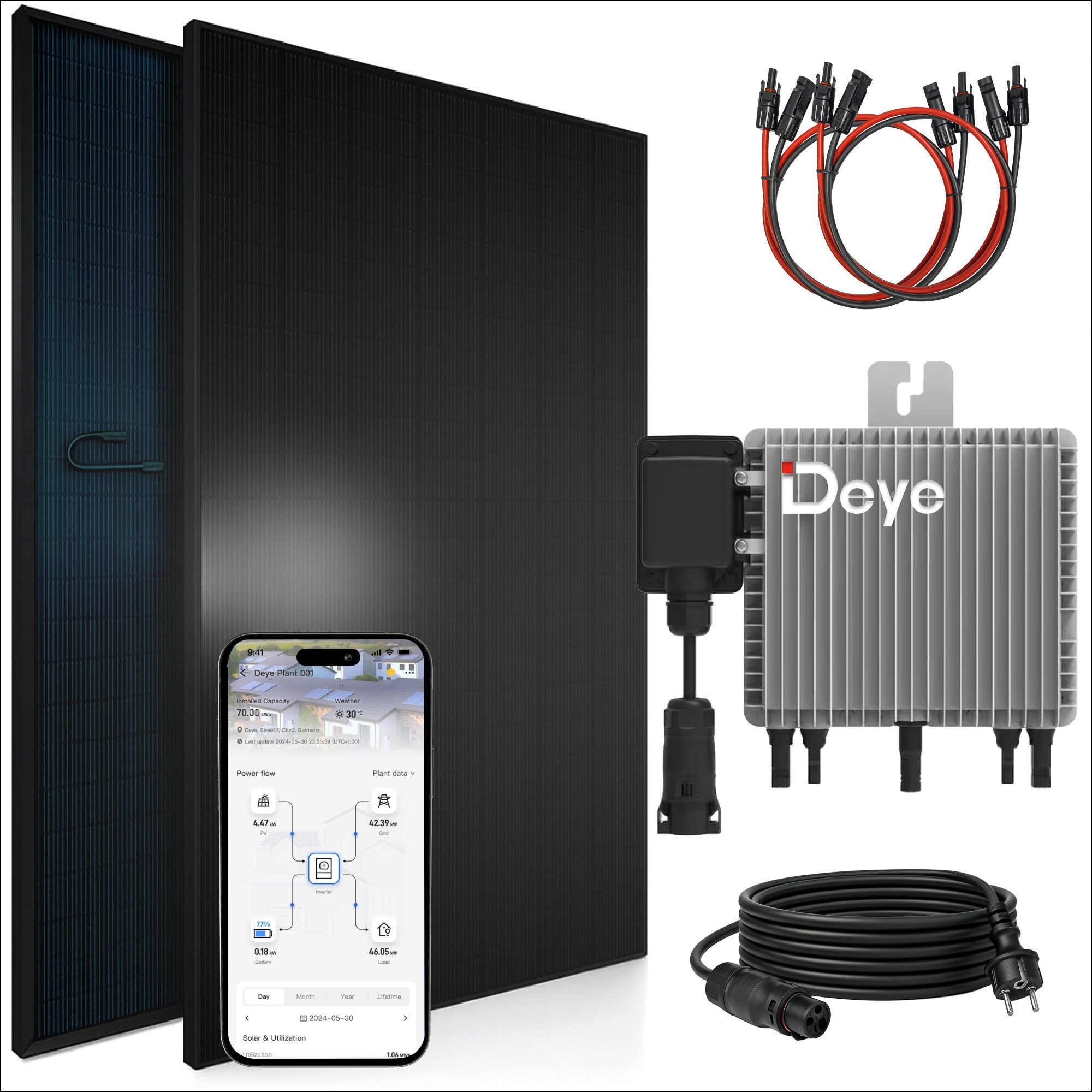 SUNNIVA Balkonkraftwerk 920W BIFAZIAL FULLBLACK komplett Steckdose, (DEYE 800W Wechselrichter, PV Solaranlage, 2x 460W Glas-Glas Solarmodule, inkl. 5m Kabel, Bluetooth WIFI, Komplettset)