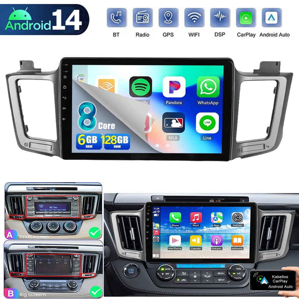 ESSGOO DAB 6+128G Android 14 Autoradio Für Toyota RAV4 13-18 Carplay Navi BT Autoradio (Digitalradio (DAB), 6GB+128GB, RDS, AM, FM, Carplay Android Auto Bluetooth EQ USB GPS Navi WIFI Touchscreen)