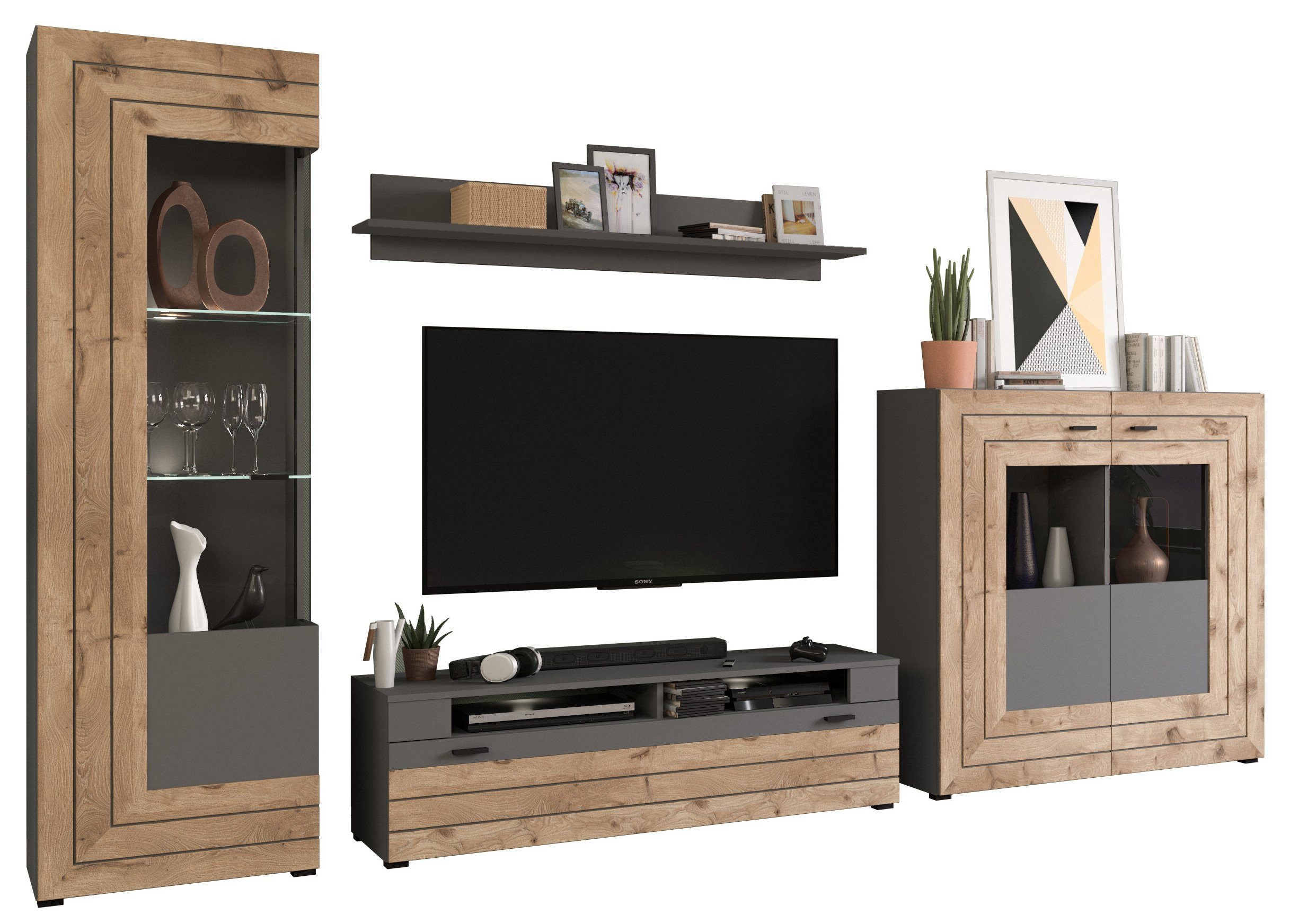 Newroom Wohnwand Octans, Wohnwand Grau Schrankwand Anbauwand Industrial Modern Wohnzimmer Sc...