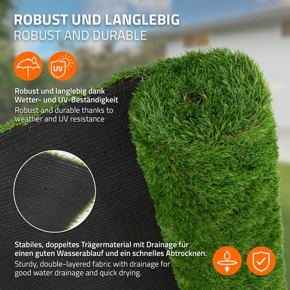 ECD Germany Kunstrasen Rasenteppich Kunstrasen-Rolle Grasmatte Meterware Kunstgras Wetterfest, Höhe: 37.0 mm, 100x200 cm 2m² 35mm Outdoor UV-beständig für Balkon Terrasse & Garten