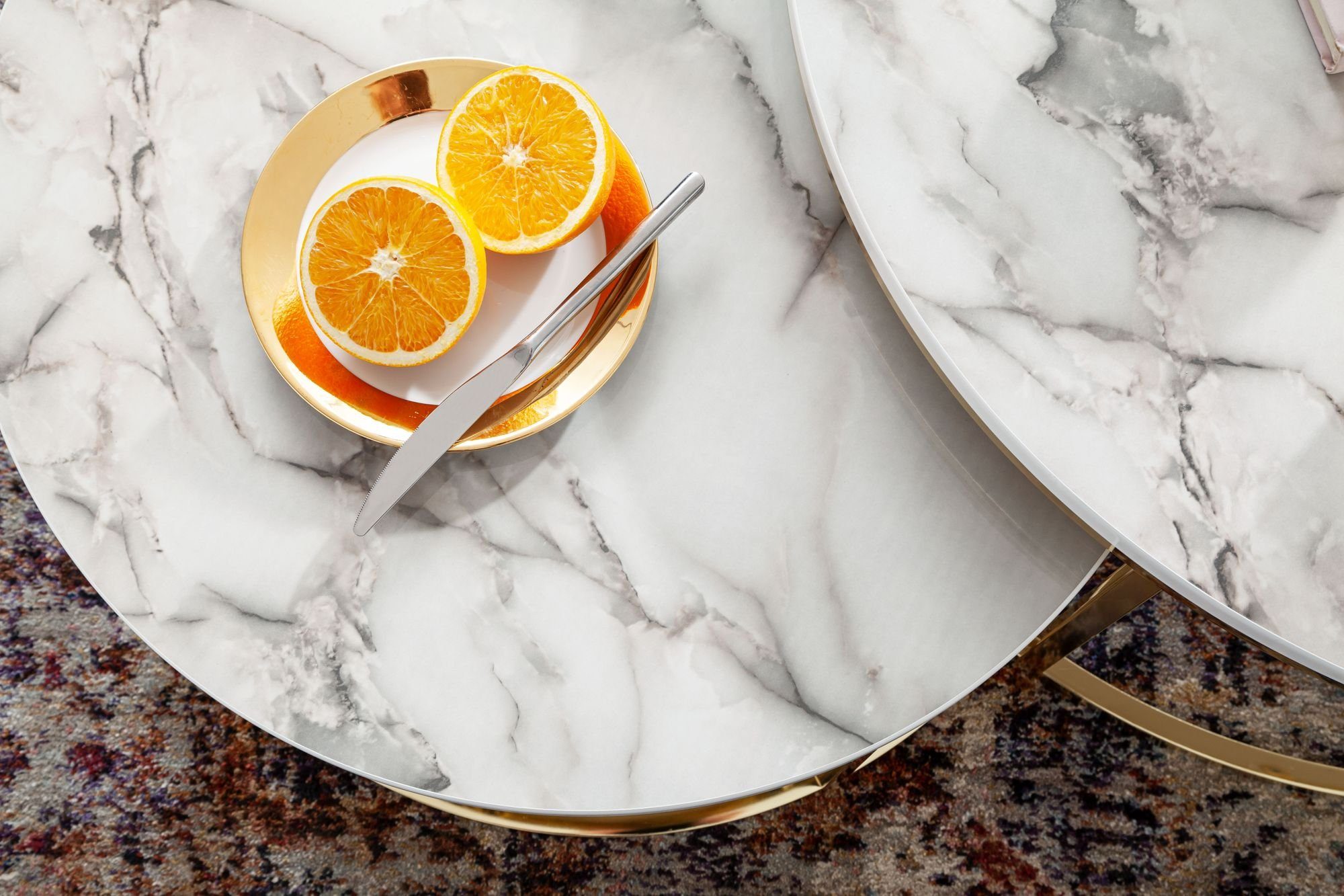 möbelando Couchtisch Couchtisch 2er Set Weiß Gold Marmor Optik Sofatisch Rund Modern, (2er Set), 80 cm (L)