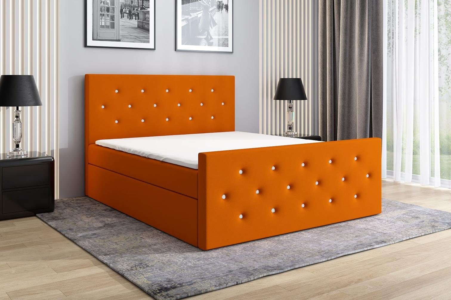 A&J MöbelLand GmbH Boxspringbett REINN mit Kristallknöpfen verziert. Orange 17