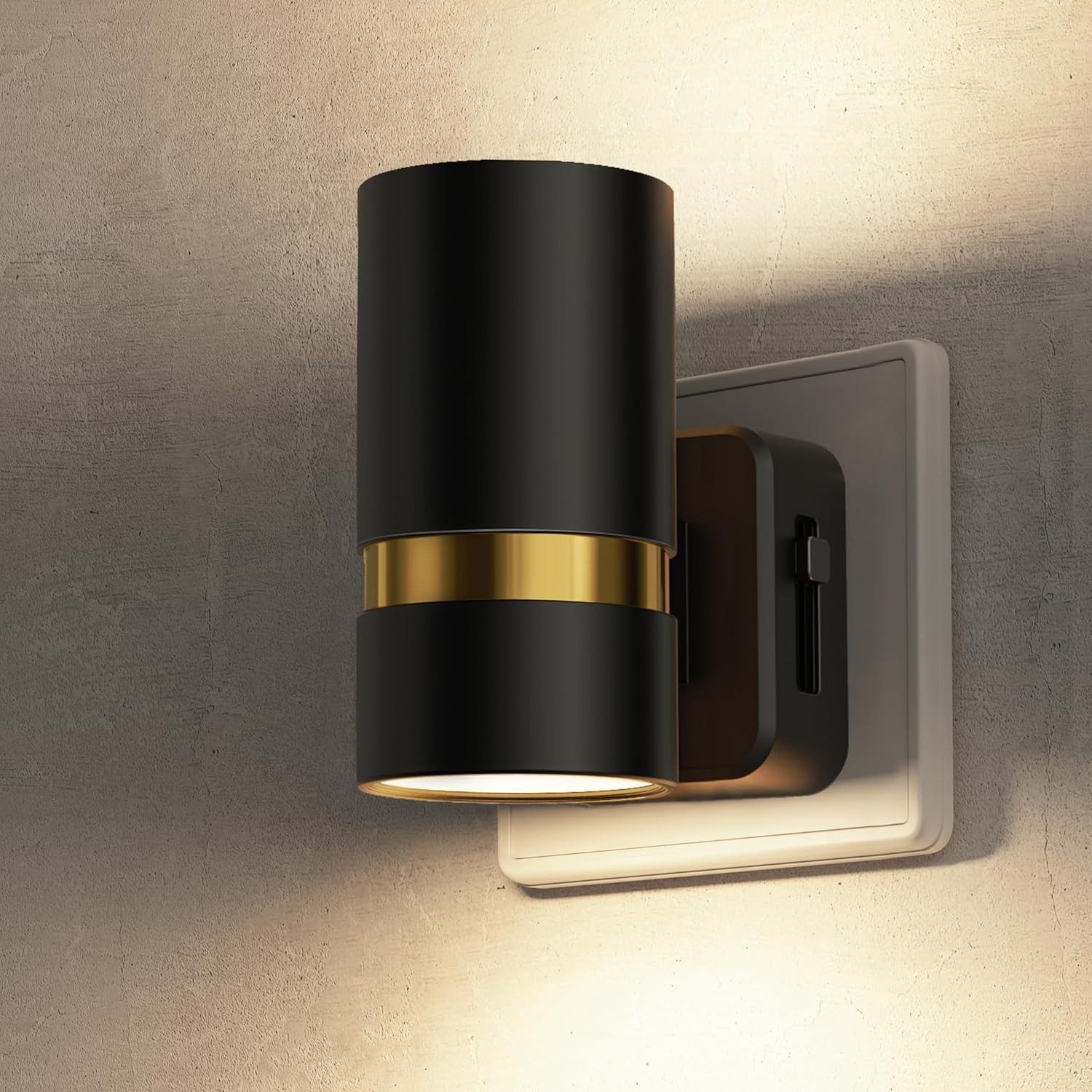 LOHAS-LED Nachtlicht 2er-Set rundes Metall LED Stecknachtlicht mit Dämmerungssensor, LED fest integriert, Warmweiß, Zylinder-Design mit Goldleiste, blendfreies  – Bild 3 von 5