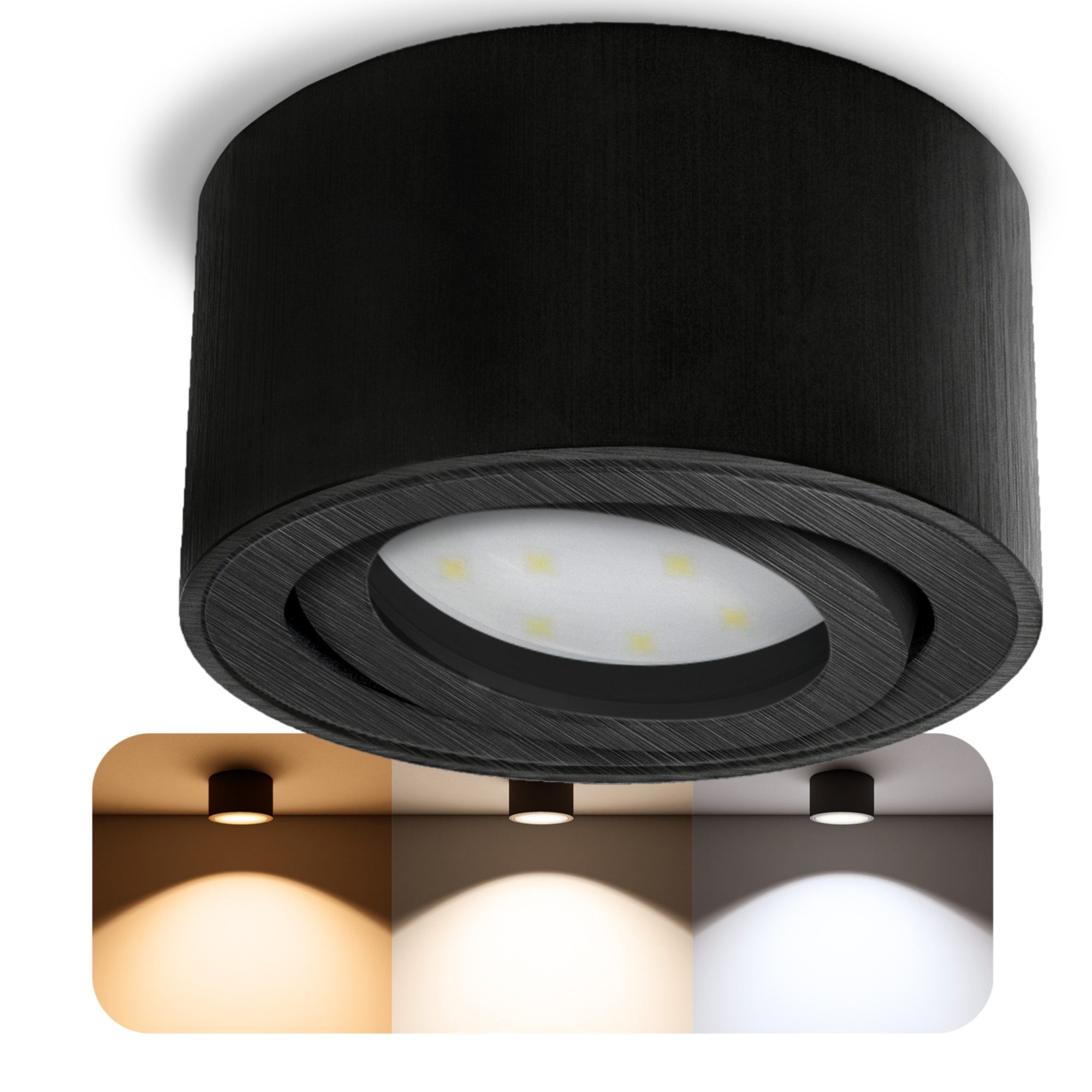 SSC-LUXon LED Aufbaustrahler CELI-1B flacher Decken Aufbauspot schwarz schwenkbar mit LED Modul 4W, Neutralweiß, Warmweiß, Tageslichtweiß