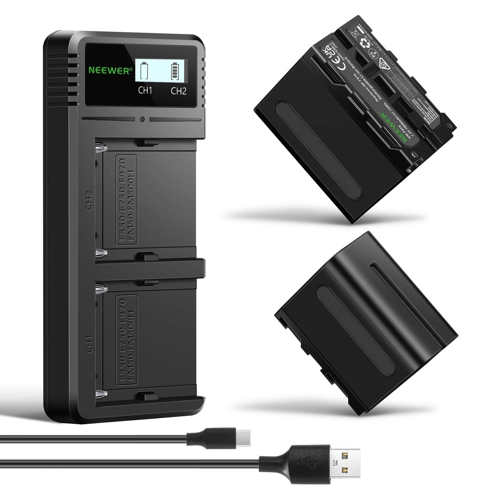 Neewer NW-F970 2x NP-F970 Akkus mit LCD Ladegerät für Sony FX3/A7 & Canon R5 Batterie-Ladegerät (Packung)