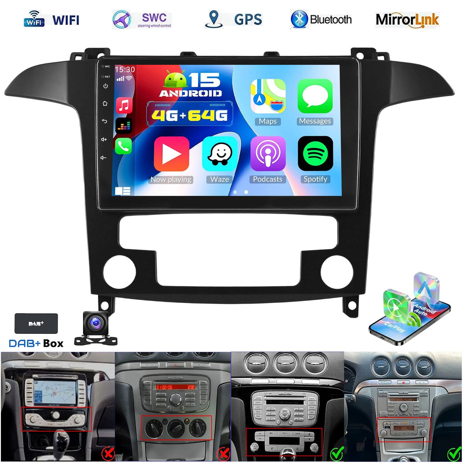 ESSGOO DAB+ Für Ford S-Max 2007-15 Android 15 Autoradio 2din Carplay GPS Navi Autoradio (RDS, 4+64GB(optional), Digitalradio (DAB), FM, GPS, 1280*720, SWC, Carplay Android Auto Bluetooth EQ USB GPS Navi WIFI Touchscreen)
