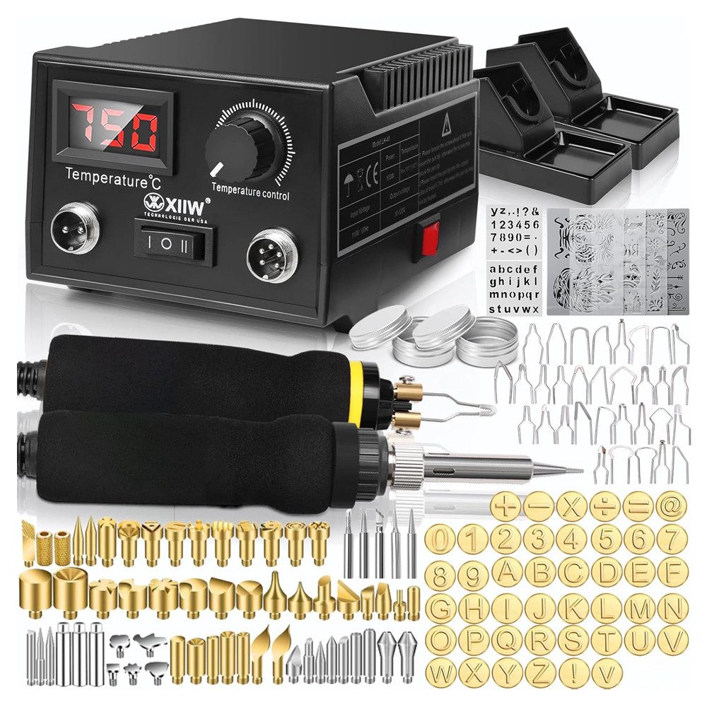 XERSEK Lötkolben 165-tlg Brandmalstation, 100W Brandmalerei und Lötkolben Set, 5x Lötspitzen & Zwei Stift, Holzbrenner Brennkolben Brandmalgeräte, Lötstation Lötset Soldering Iron, Temperatur Einstellbar 0-750°C, 165-tlg.