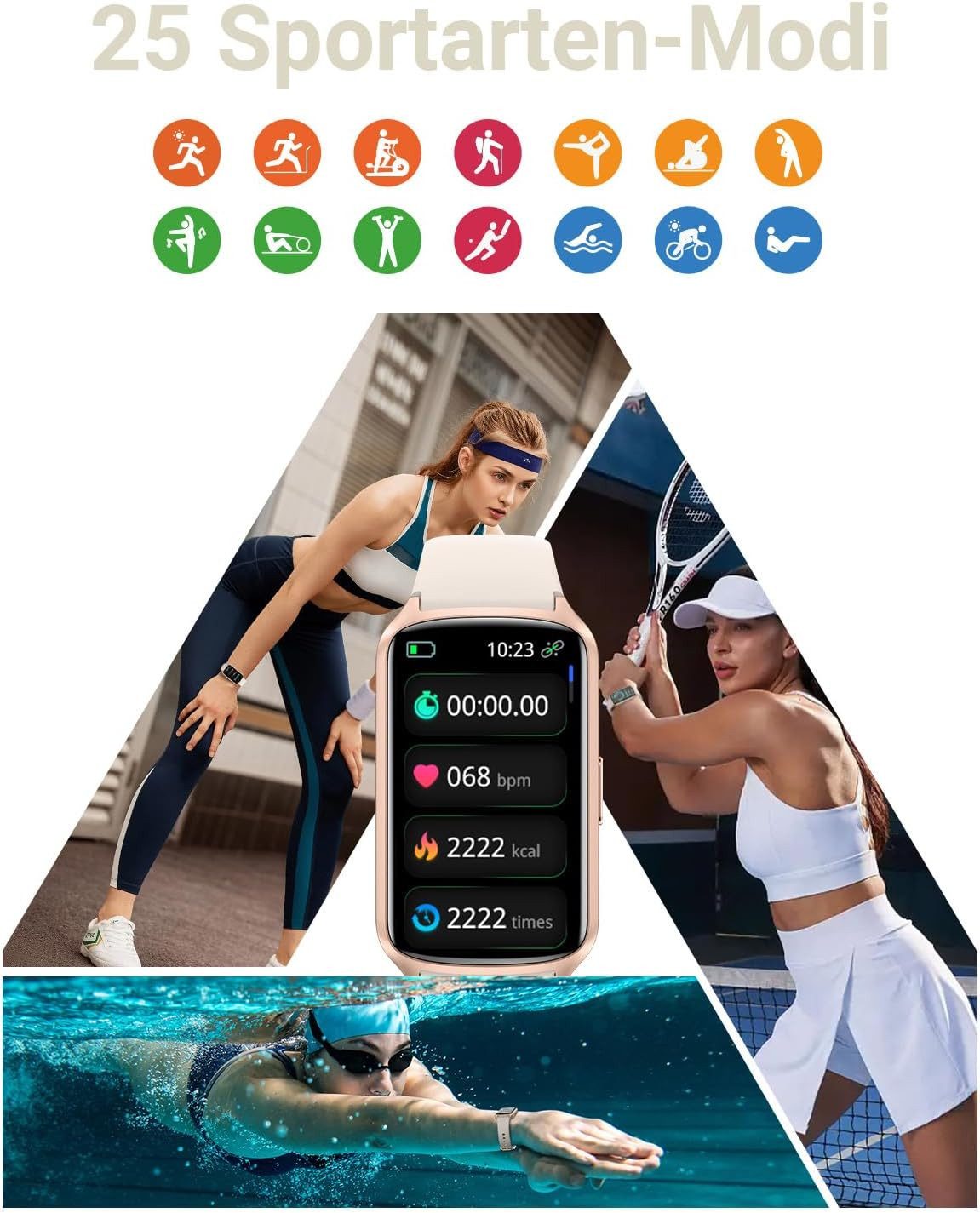 Amzhero Smartwatch (3,7 cm, android ios), Fitness Smartwatch Damen mit Gesundheitsfunktionen und Schlafanalyse