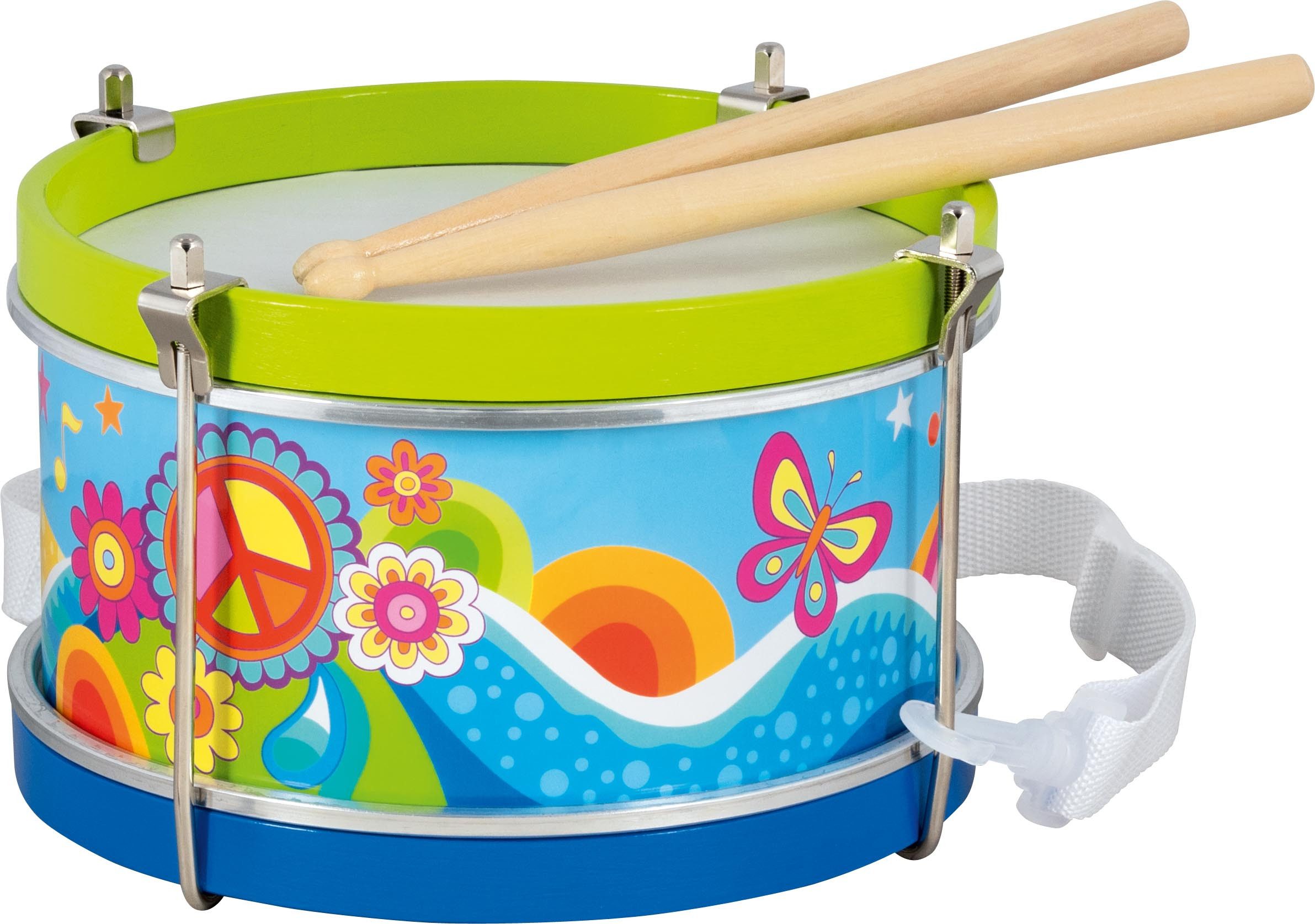 goki Spielzeug-Musikinstrument Kindertrommel Blumenwiese – aus Holz mit Frühlingsdesign, Ø 21,5 cm