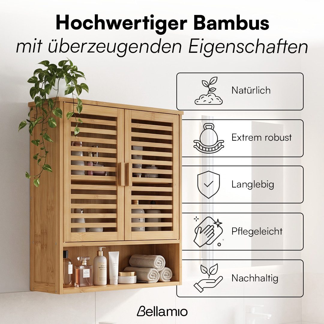 Bellamio Hochschrank Newa aus Bambus, Badezimmerschrank mit Ablage, lackiert (3 Fächer, Wandmontage) Hängeschrank 66,5×21×59 cm, verfügbar in verschiedenen Ausf – Bild 2 von 5