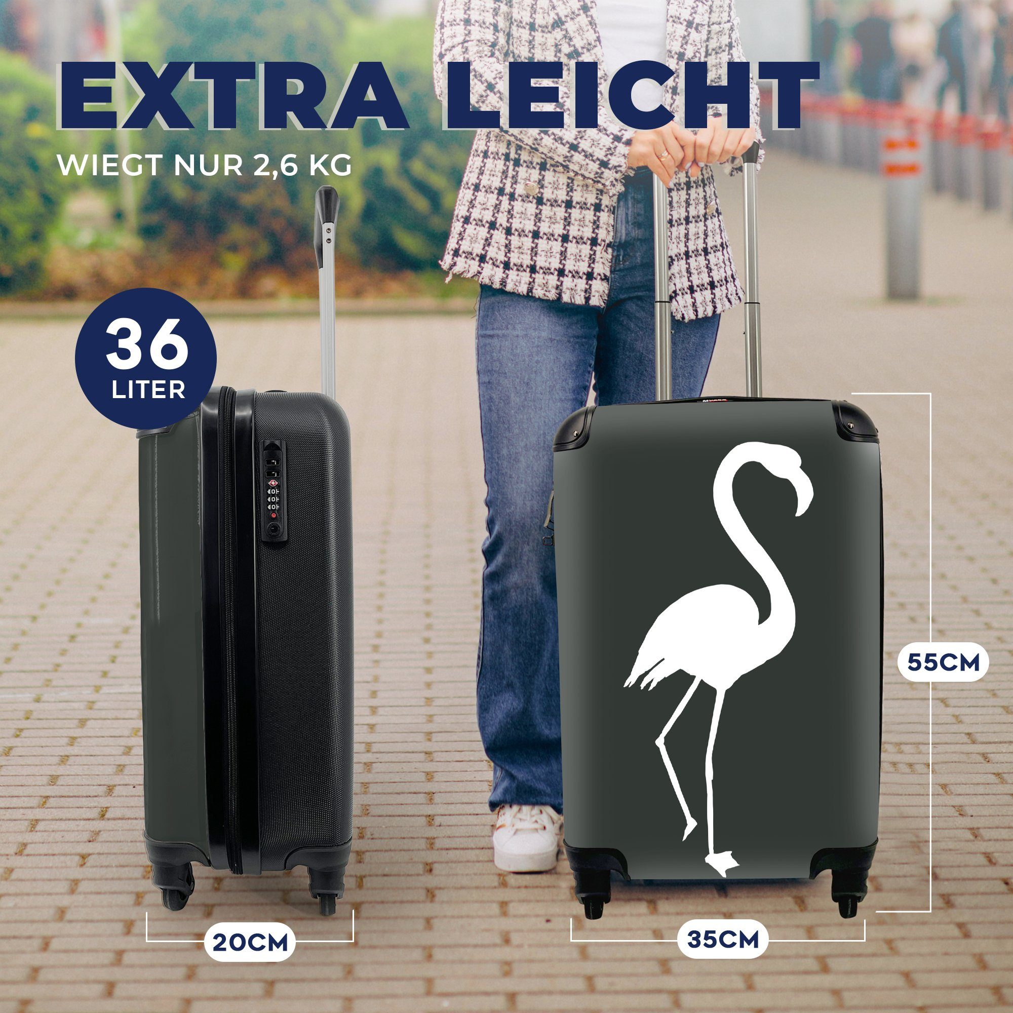 Weiß, rollen, Ferien, Flamingo - für Reisetasche 4 Trolley, Rollen, MuchoWow - Scherenschnitt Reisekoffer mit Handgepäckkoffer Handgepäck