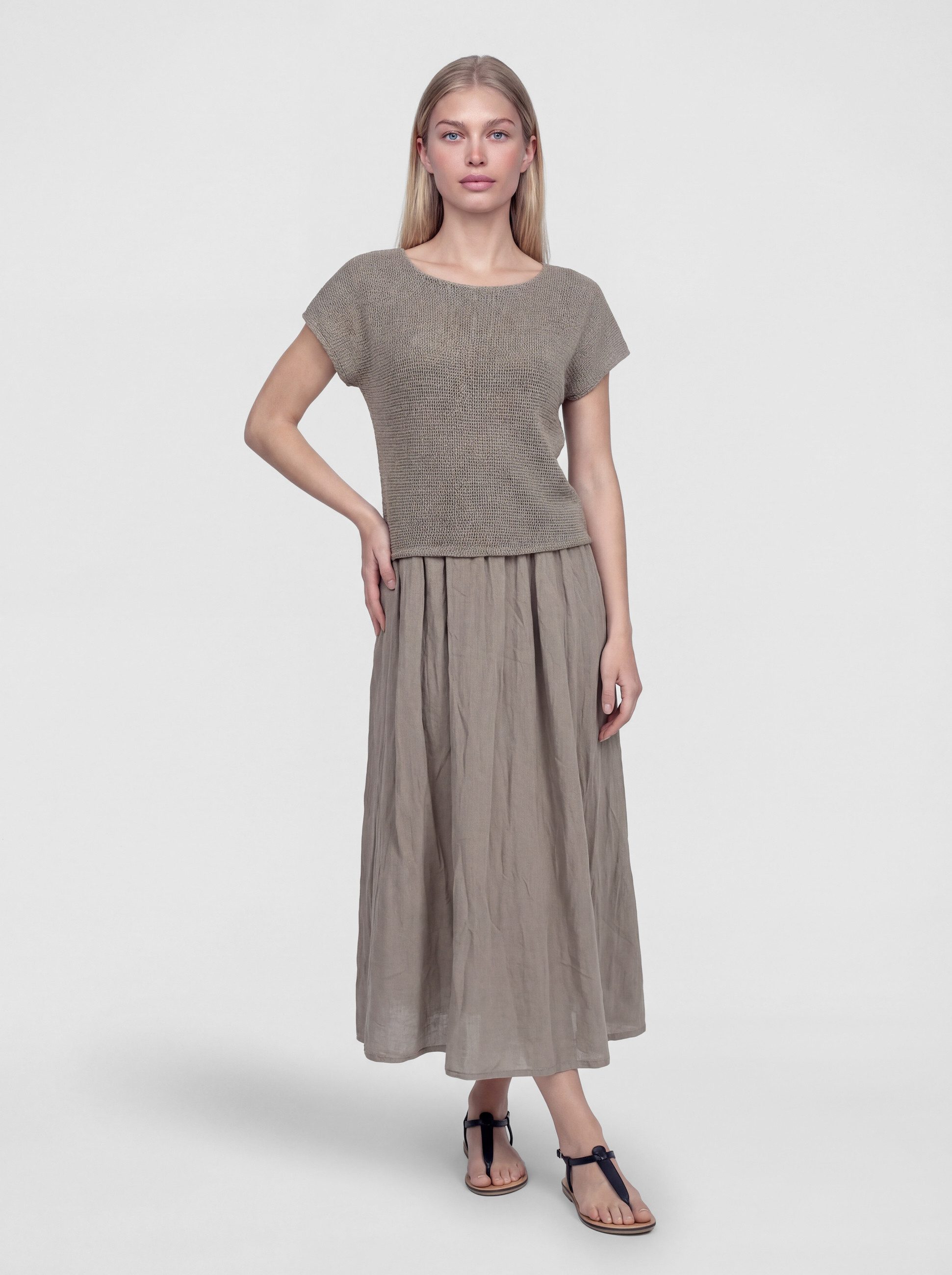 PEKIVESSA Sommerkleid Lässiges Midikleid im angesagten Lagen-Look aus Baumwolle-Leinen-Webstoff