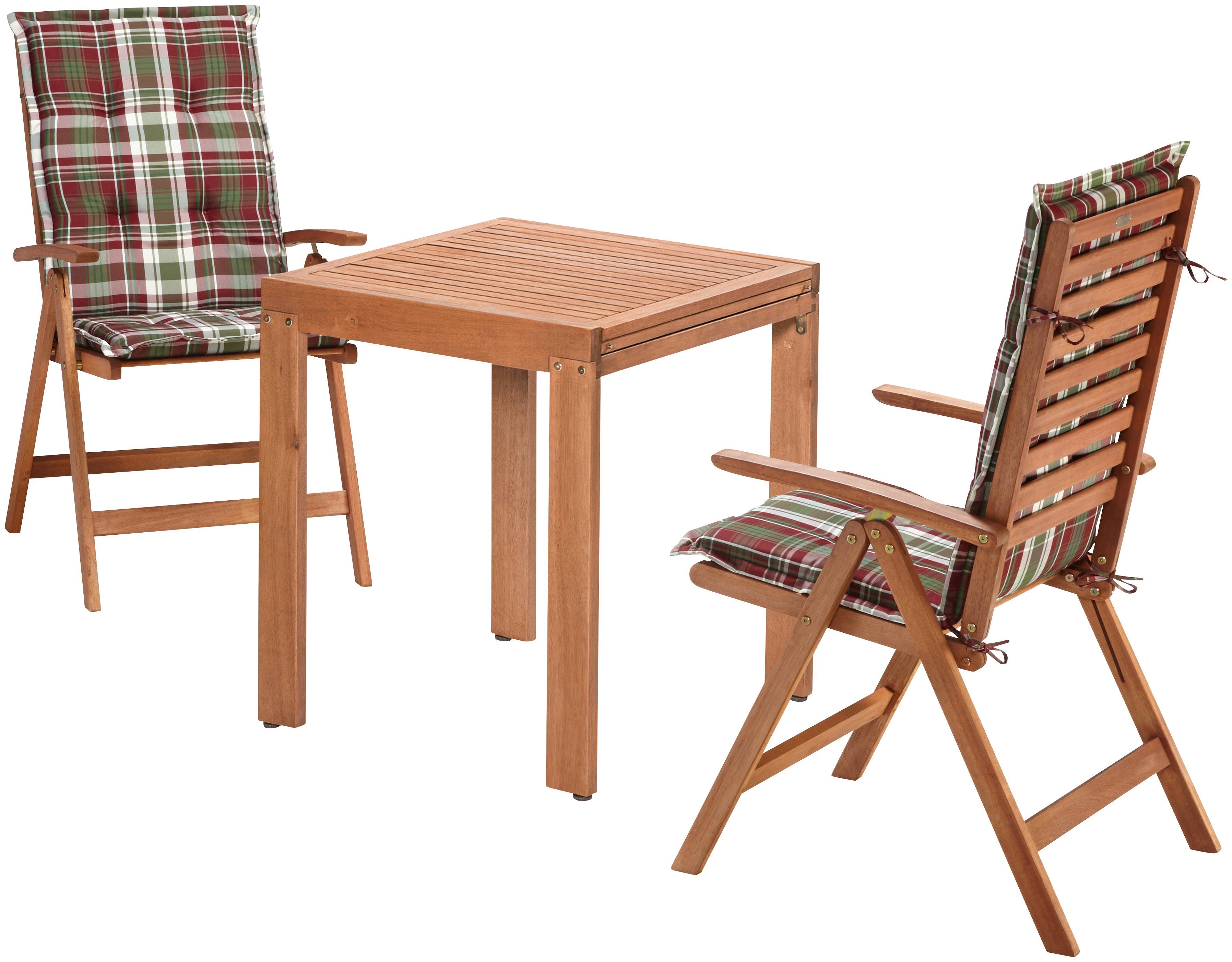 MERXX Balkonset Borkum, (5-tlg., 2x Klappsessel, inkl. Kissen, 1x Balkonausziehtisch 65(130)x65 cm), Eukalyptusholz, FSC® Mix, geeignet für 2 Personen