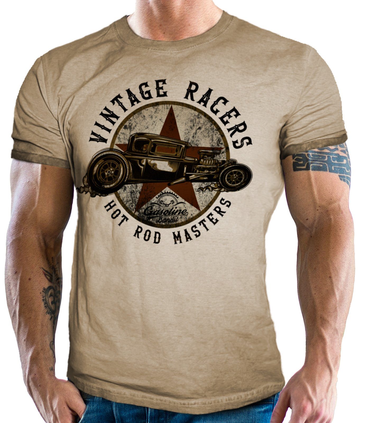 GASOLINE BANDIT® T-Shirt in Washed Sand Optik: Hot Rod Vintage Racers